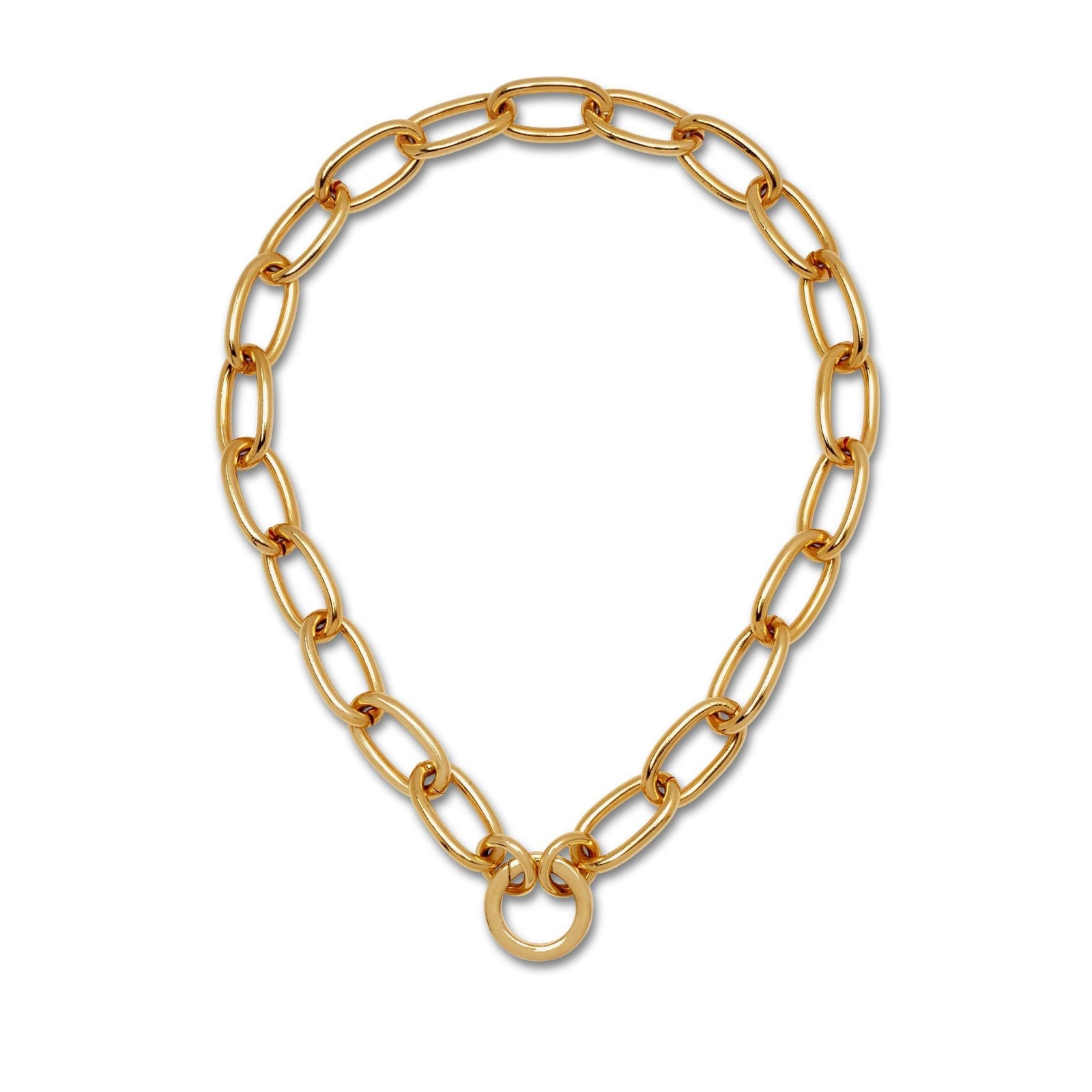 The Gold Everly Chain Necklace by JAREDJAMIN Jewelry Online features large oval links with a central round clasp in a bold, modern 18K gold-plated design that shines brilliantly against a white background.