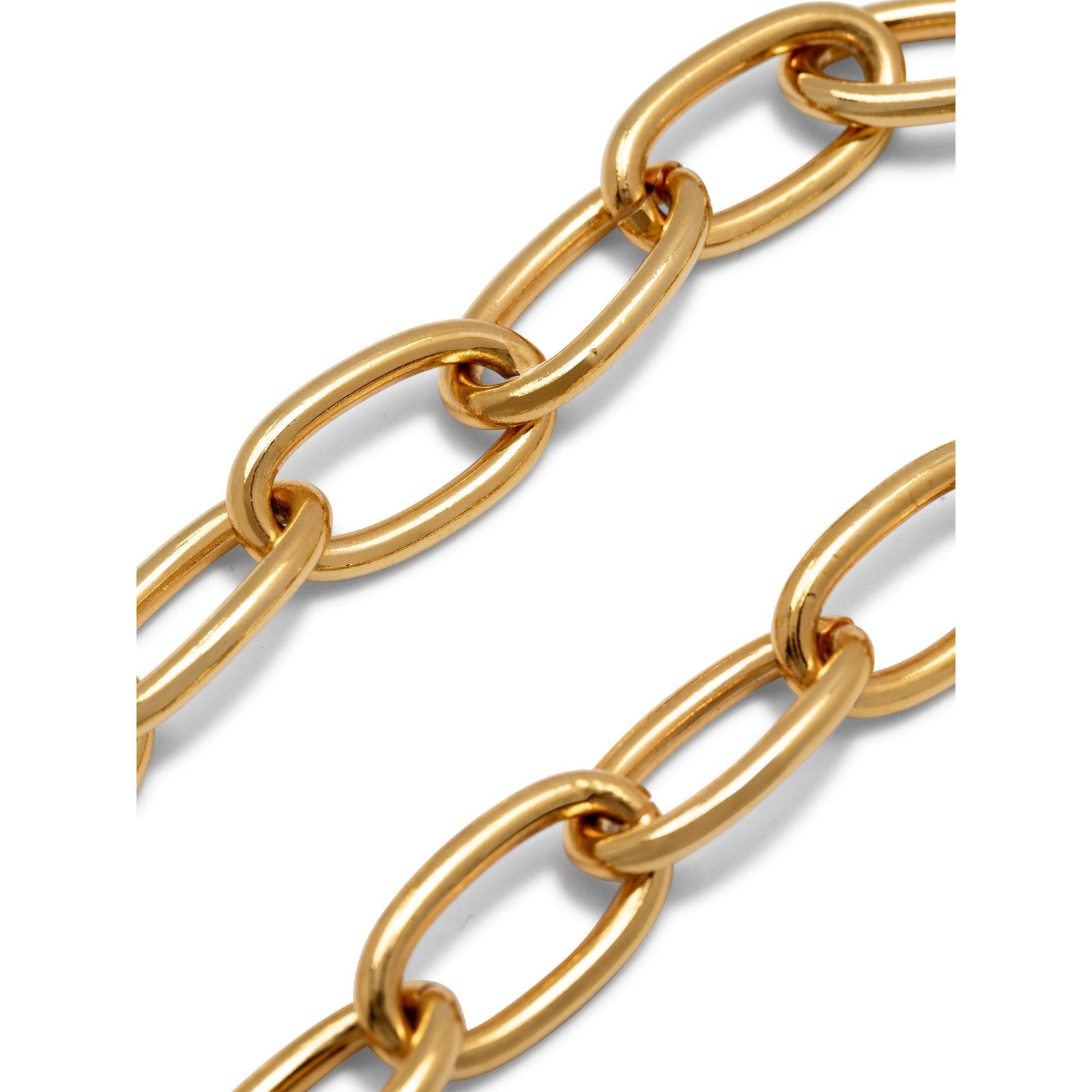 The Gold Everly Chain Necklace by JAREDJAMIN Jewelry Online features large oval links with a central round clasp in a bold, modern 18K gold-plated design that shines brilliantly against a white background.