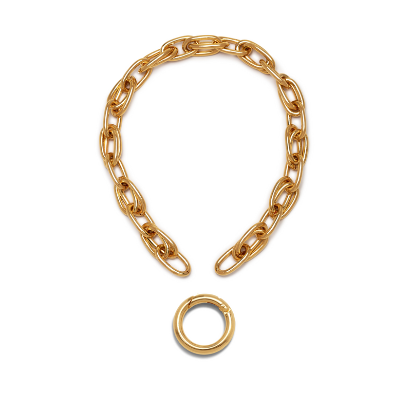 Los oro Everly Every-Other collar de JAREDJAMIN Joyería Online is displayed in an open circle sobre un fondo blanco, con its detachable clasp placed separately to show the collar unfastened.