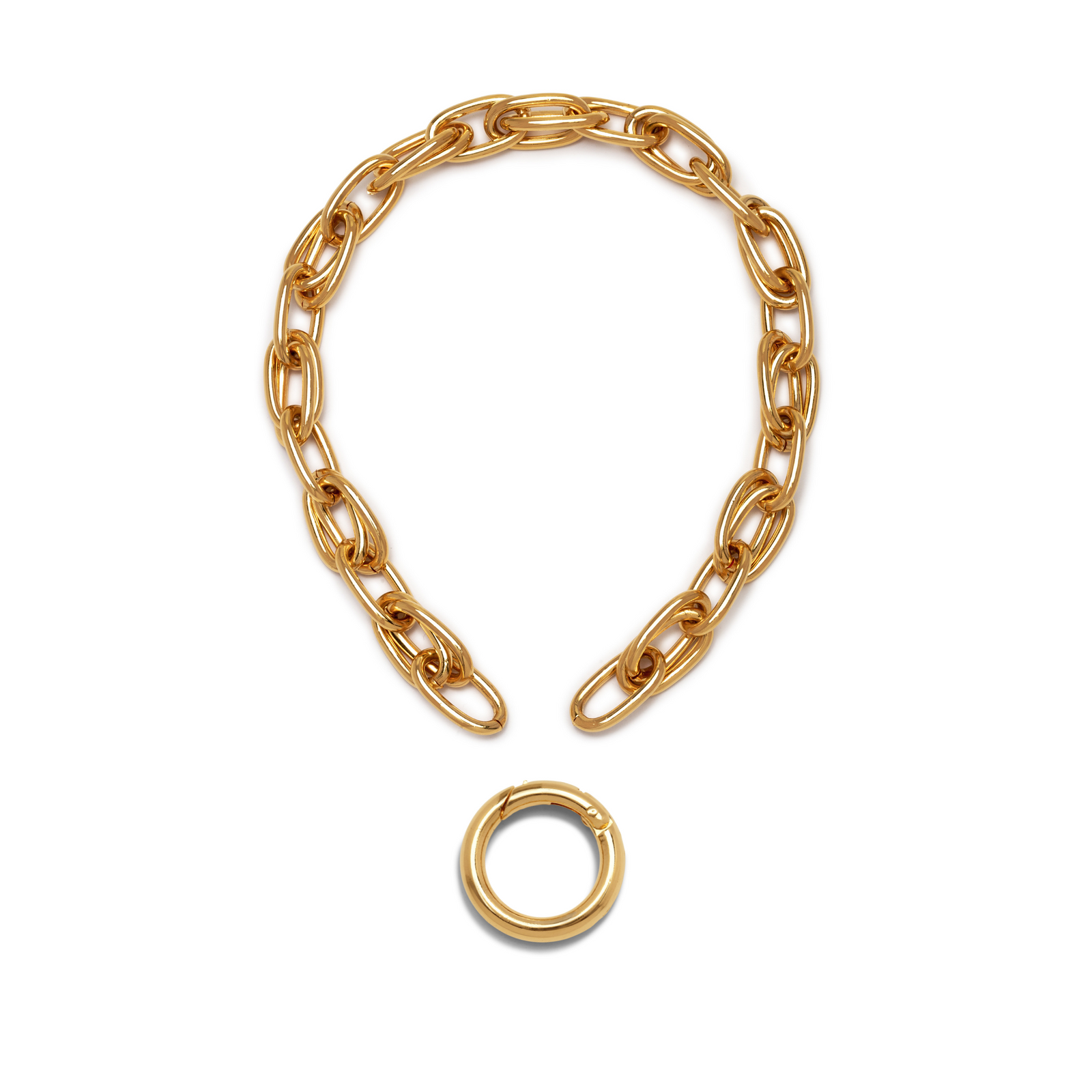 The Gold Everly Every-Other Necklace by JAREDJAMIN Jewelry Online is displayed in an open circle on a white background, with its detachable clasp placed separately to show the necklace unfastened.