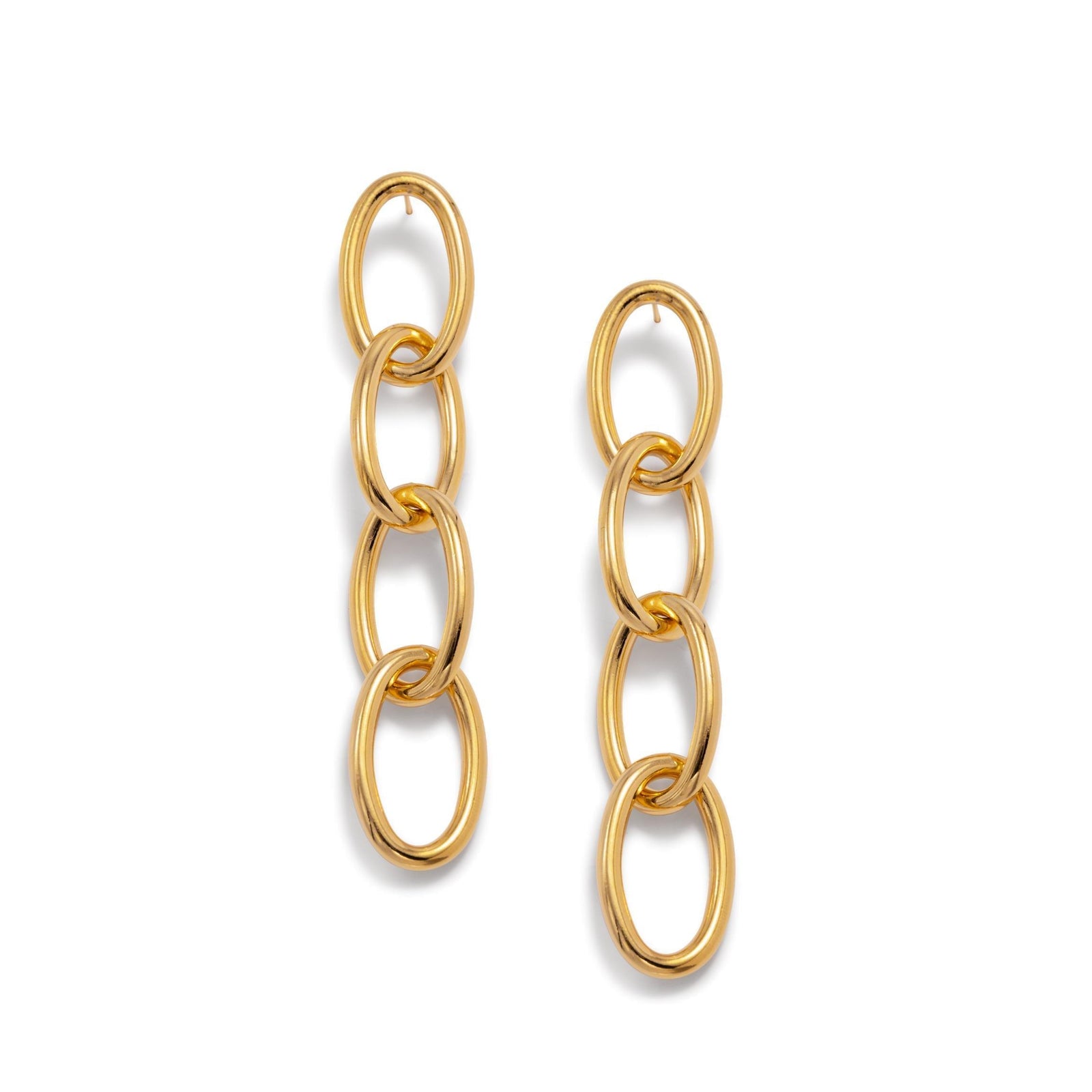 The JAREDJAMIN Jewelry Online Gold Everly Drop Chain Post Earrings feature four interlocking 18K gold plated oval links in a polished, elegant design, displayed against a plain white background.