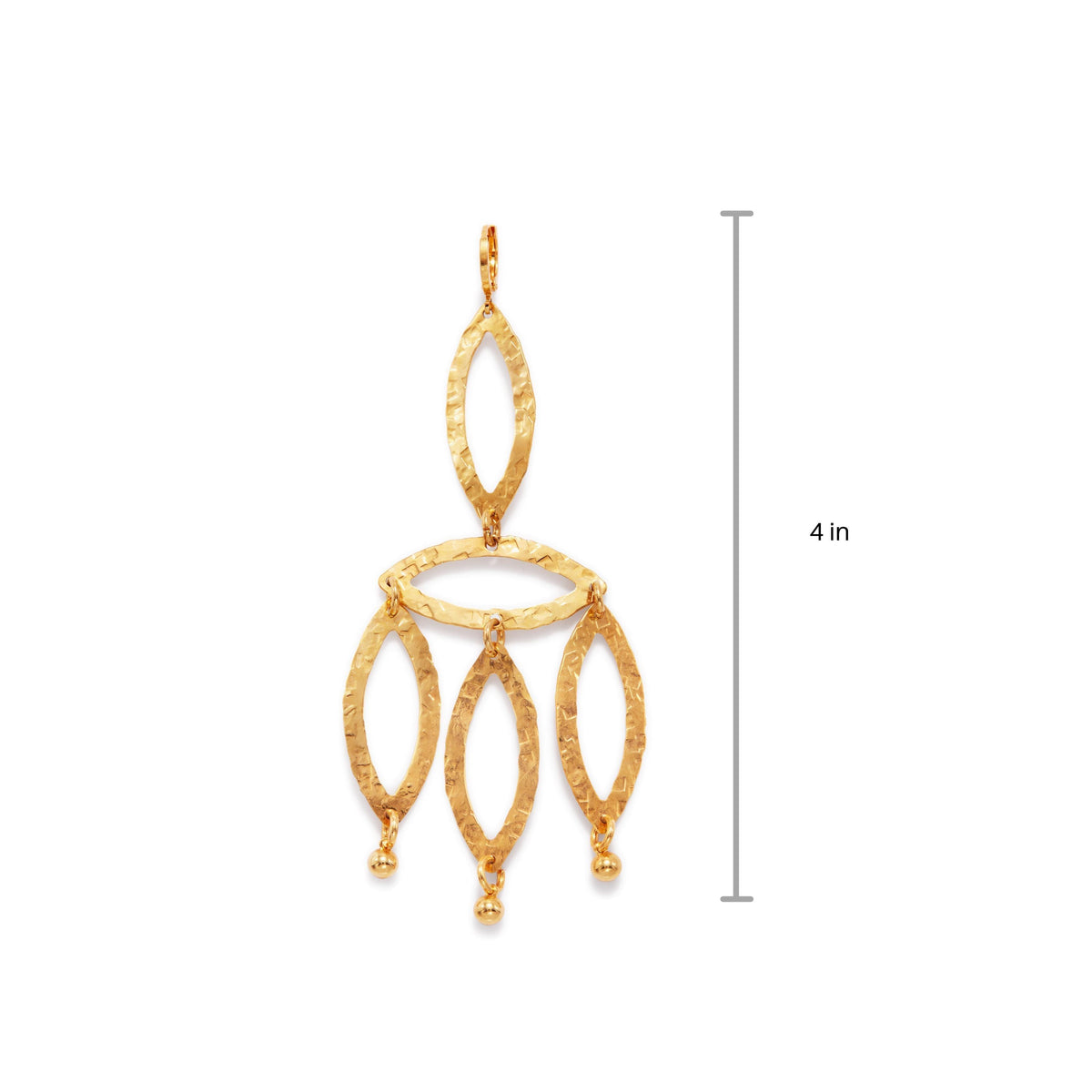 The Gold Eyelet-Chandelier Earrings by JAREDJAMIN Jewelry Online are 18K gold-plated, feature a hammered texture with four elongated oval links, and measure 4 inches in length.