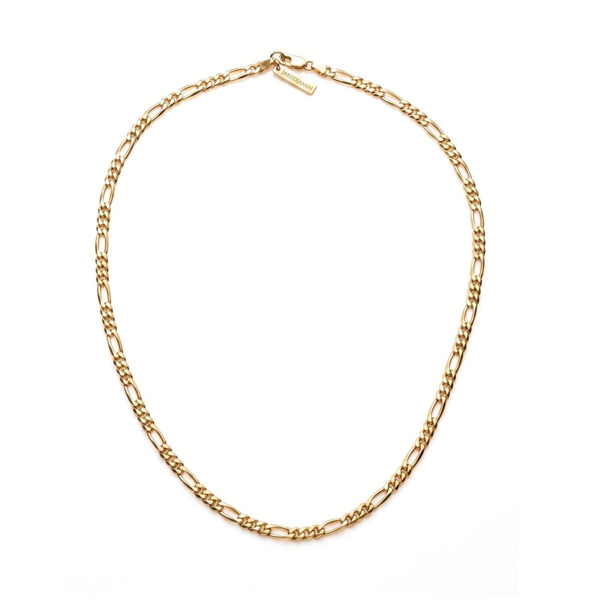 High-resolution, sharp e-commerce flat lay photography shot directly from above using a Canon EOS 5D Mark IV with a macro lens, featuring the JAREDJAMIN Gold Finley-Figaro Chain Necklace arranged in a perfect circle on a white background to highlight the 18k gold-plated links and logo tag.