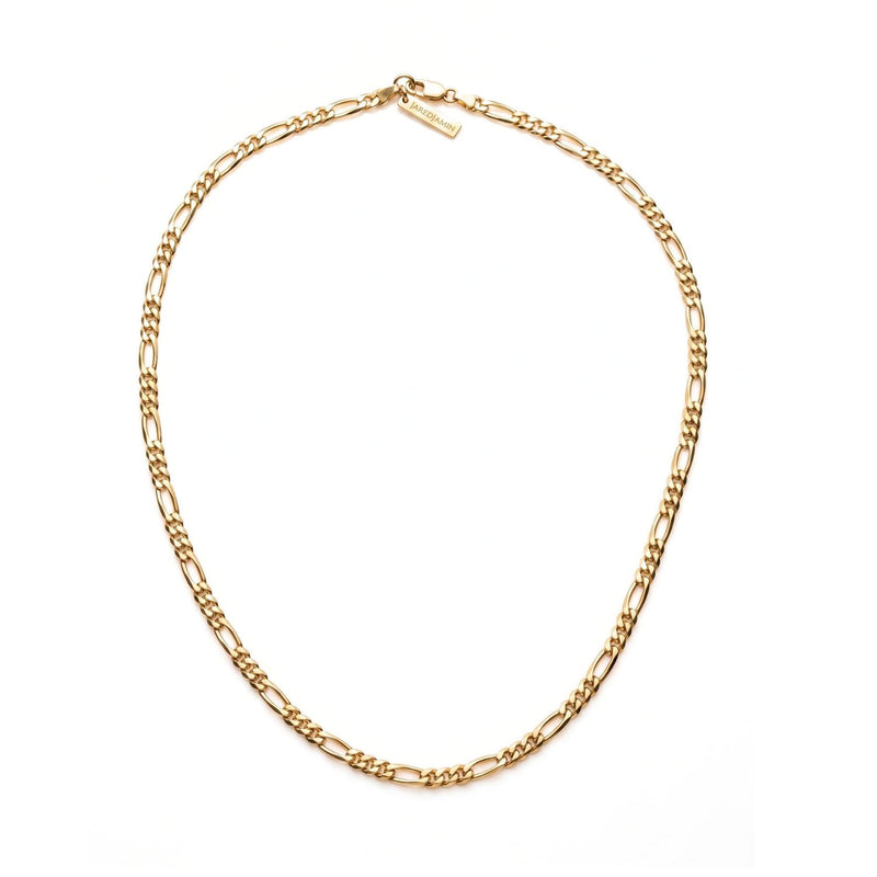 High-resolution, sharp e-commerce flat lay photography shot directly from above using a Canon EOS 5D Mark IV with a macro lens, featuring the JAREDJAMIN Gold Finley-Figaro Chain Necklace arranged in a perfect circle on a white background to highlight the 18k gold-plated links and logo tag.