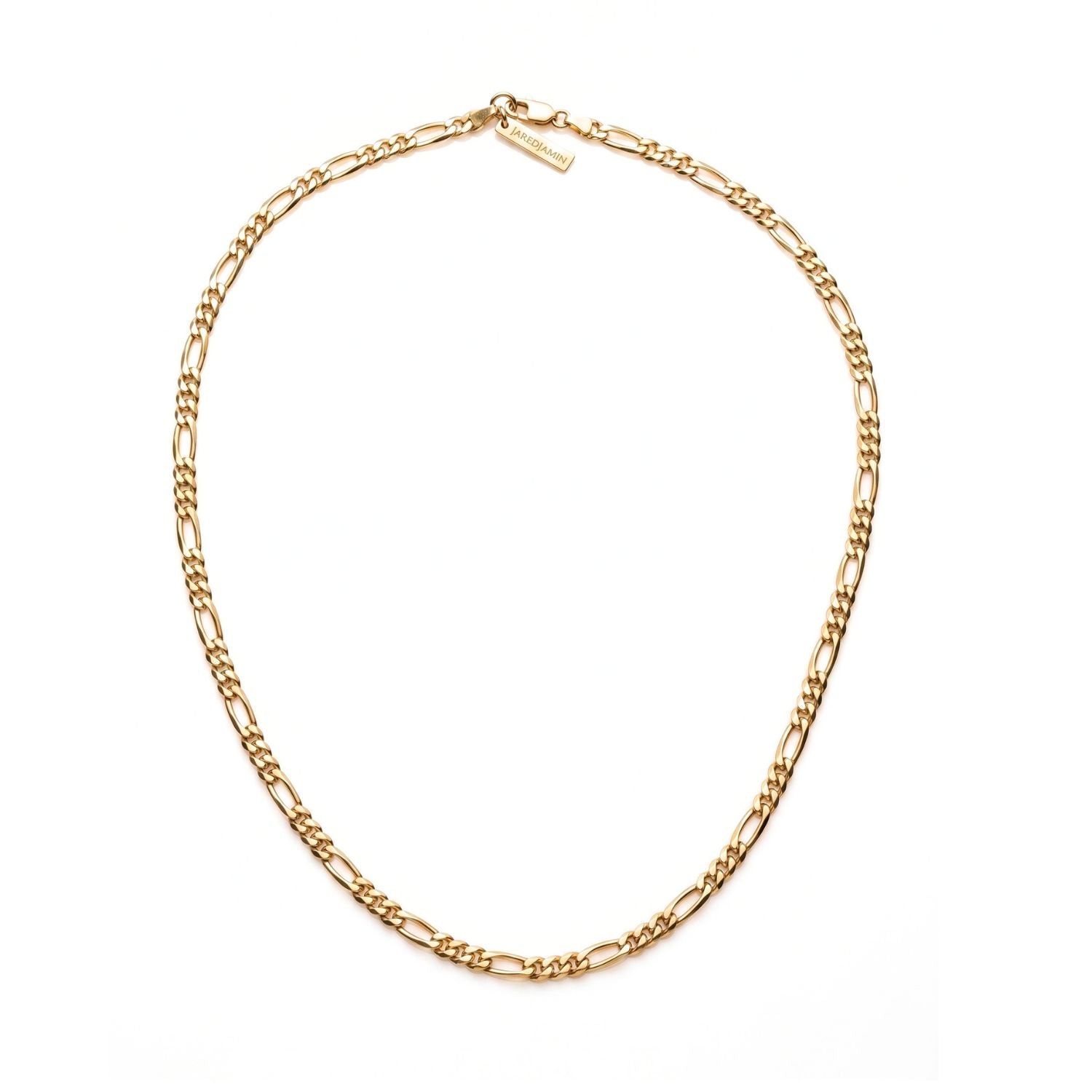 High-resolution, sharp e-commerce flat lay photography shot directly from above using a Canon EOS 5D Mark IV with a macro lens, featuring the JAREDJAMIN Gold Finley-Figaro Chain Necklace arranged in a perfect circle on a white background to highlight the 18k gold-plated links and logo tag.