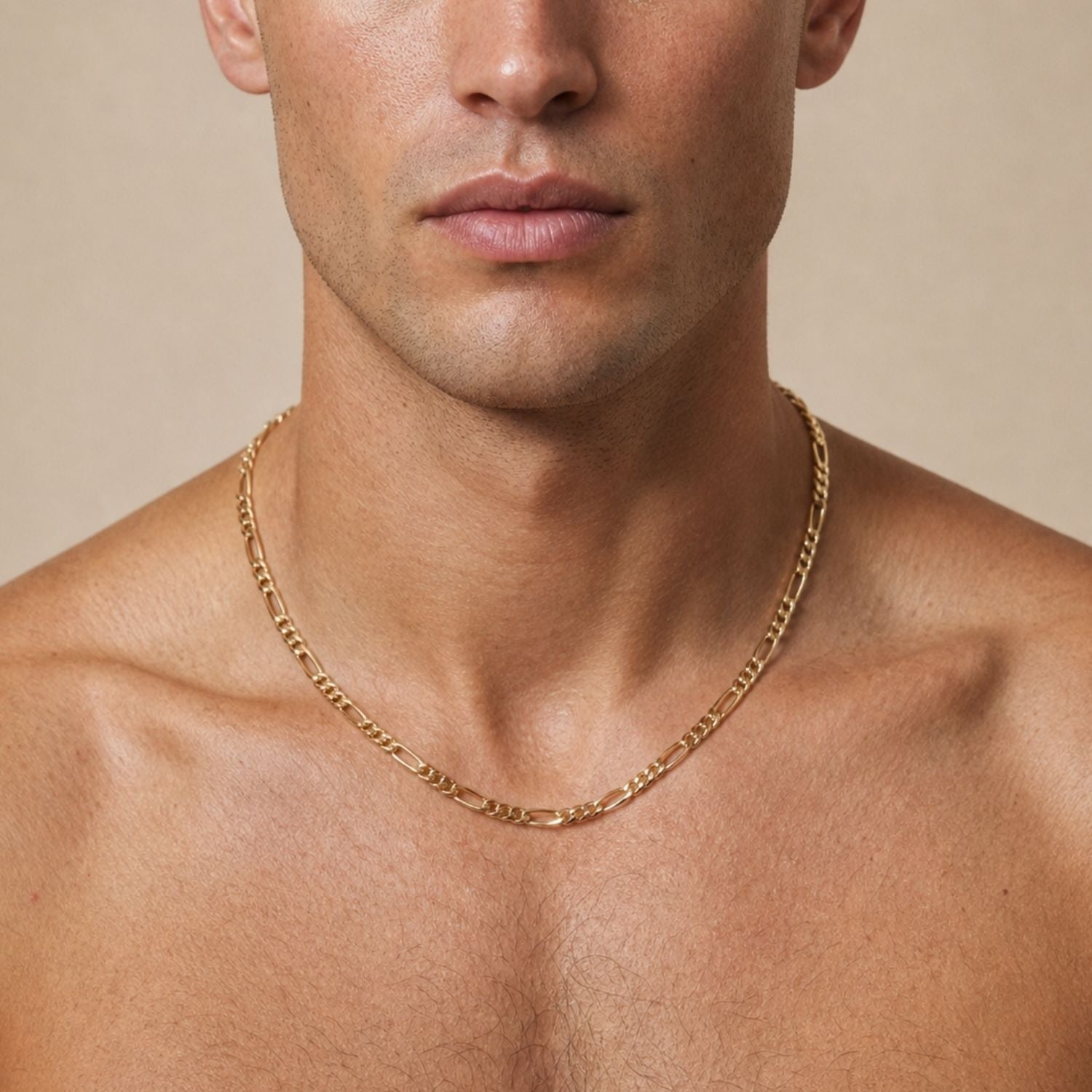 High-resolution, sharp e-commerce flat lay photography shot directly from above using a Canon EOS 5D Mark IV with a macro lens, featuring the JAREDJAMIN Gold Finley-Figaro Chain Necklace arranged in a perfect circle on a white background to highlight the 18k gold-plated links and logo tag.