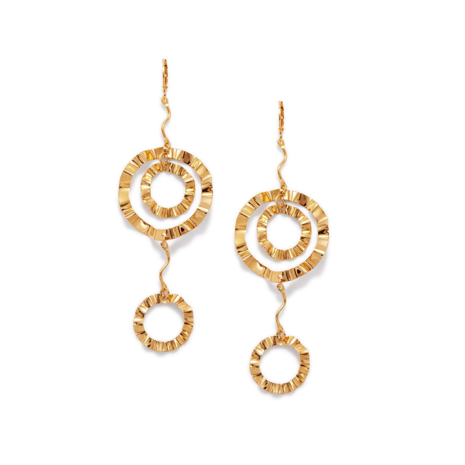 The Gold French Ruffle Leverback Earrings by JAREDJAMIN Jewelry Online feature three textured, interlocking open circles in 18K gold plating, connected by wavy gold wires and secured with leverback fastenings.