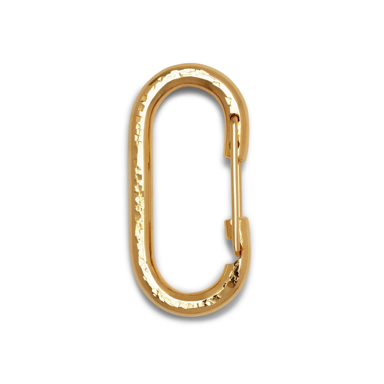 The JAREDJAMIN Jewelry Online Gold Large Oval Carabiner Clicker Clasp is 18K gold plated with a hammered texture, spring-loaded gate, and is ideal for chain link jewelry. Photographed on a plain white background.