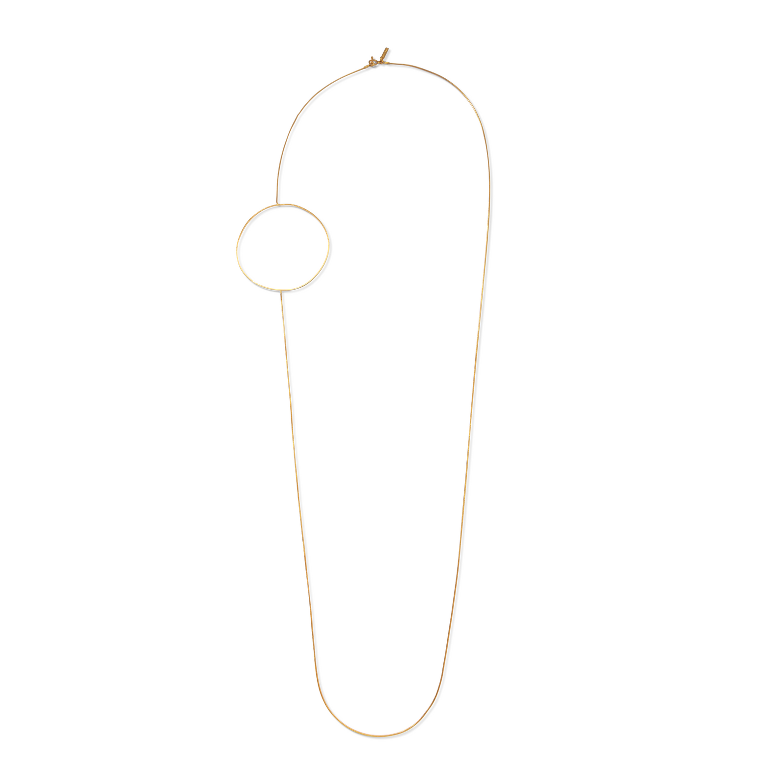 The Gold Halo Necklace by JAREDJAMIN Jewelry Online features an off-center large open circle pendant on a thin 18k gold plated chain with a visible toggle clasp, displayed against a plain white backdrop.