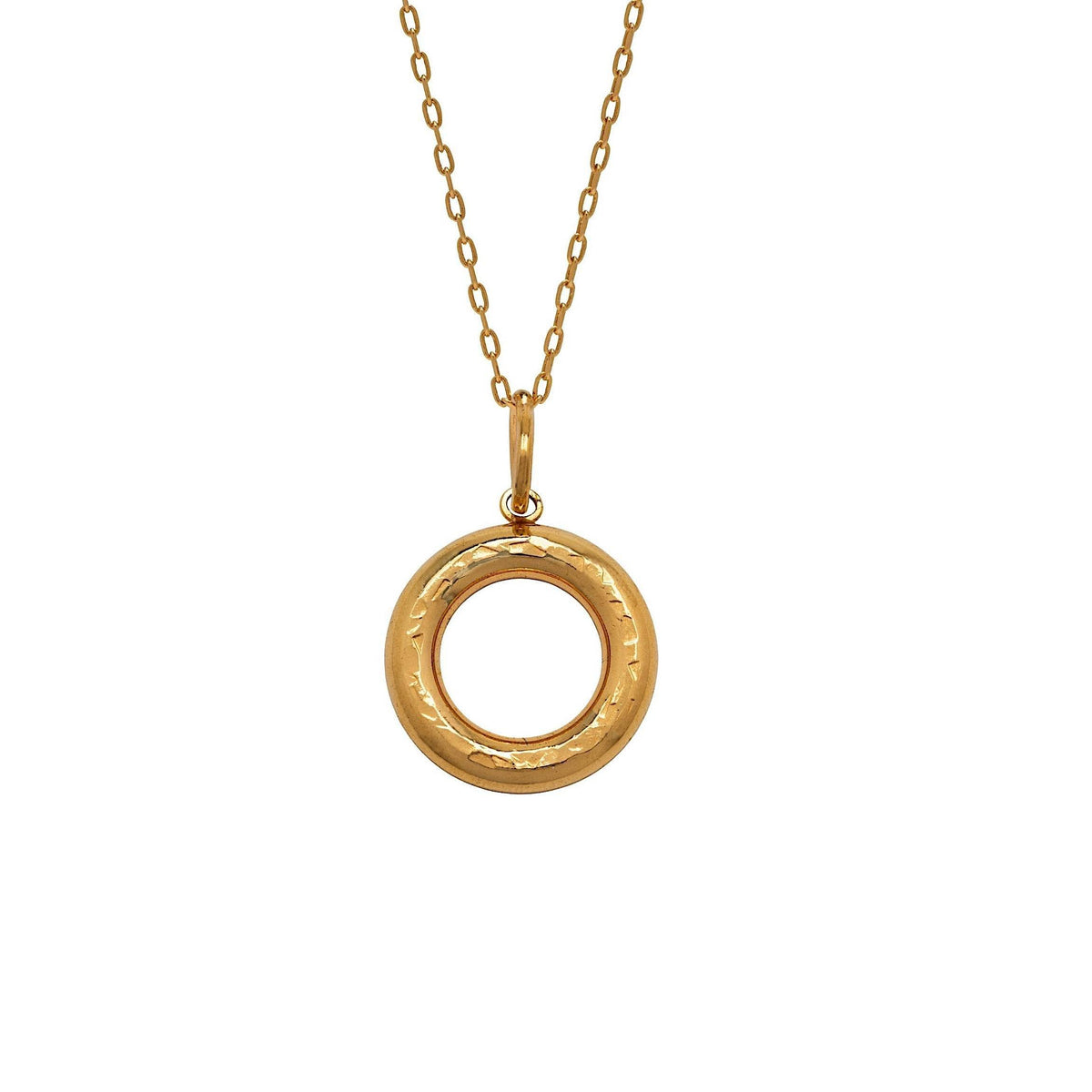 The Gold Hammered Doughnut Necklace Pendant Charm by JAREDJAMIN Jewelry Online features an 18K gold plated, open-hoop pendant with a shiny, engraved finish, hanging vertically from a gold chain against a white background.