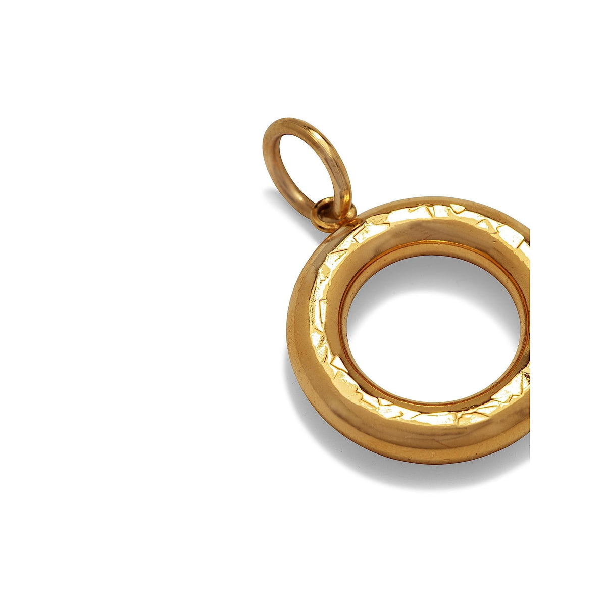 Close-up of the Gold Hammered Doughnut Necklace Pendant Charm by JAREDJAMIN Jewelry Online, featuring an 18K gold plated, textured hollow design with a small gold loop. Ideal as a unique pendant charm or necklace accent. Set on a plain white background.