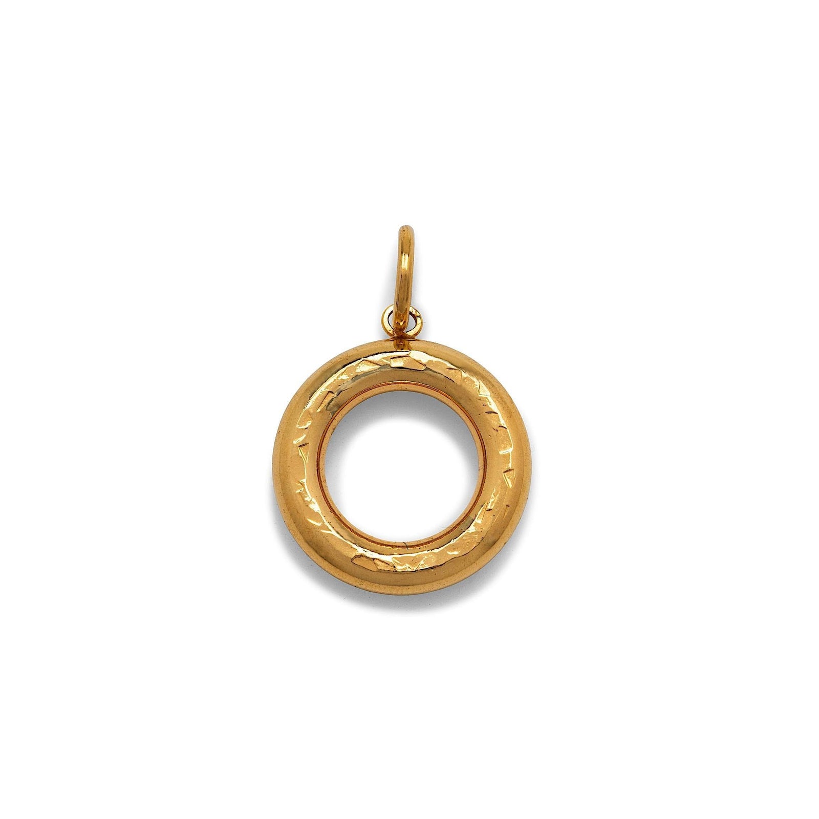 The Gold Hammered Doughnut Necklace Pendant Charm by JAREDJAMIN Jewelry Online is an 18K gold plated circular charm with a hammered finish, open center, and loop for attaching to chains. Shown on a plain white background.
