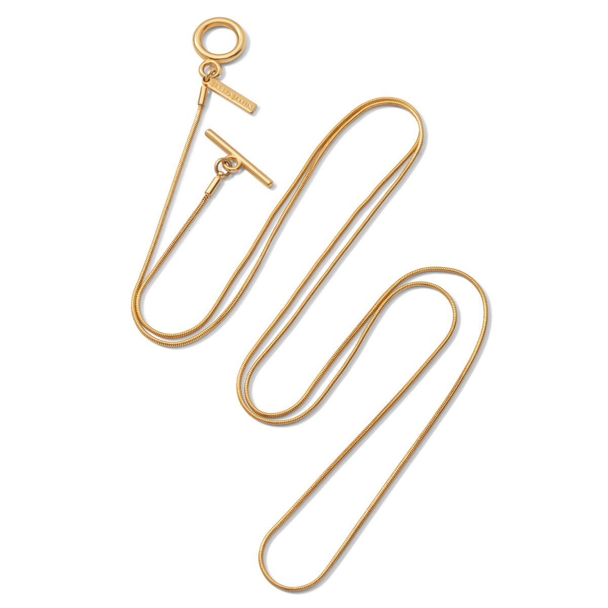 The Heavenly Hoop Round Pendant Necklace by JAREDJAMIN Jewelry Online features an 18K gold-tone snake link chain with a toggle clasp, including a circular ring, straight bar, and a small tag, displayed coiled on a white background.