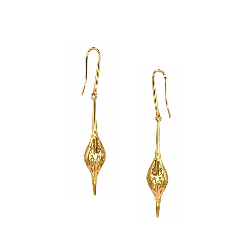Gold Jeannie Drop Hook Earrings, pair of gold drop earrings with long pierced filigree drops, on white background.