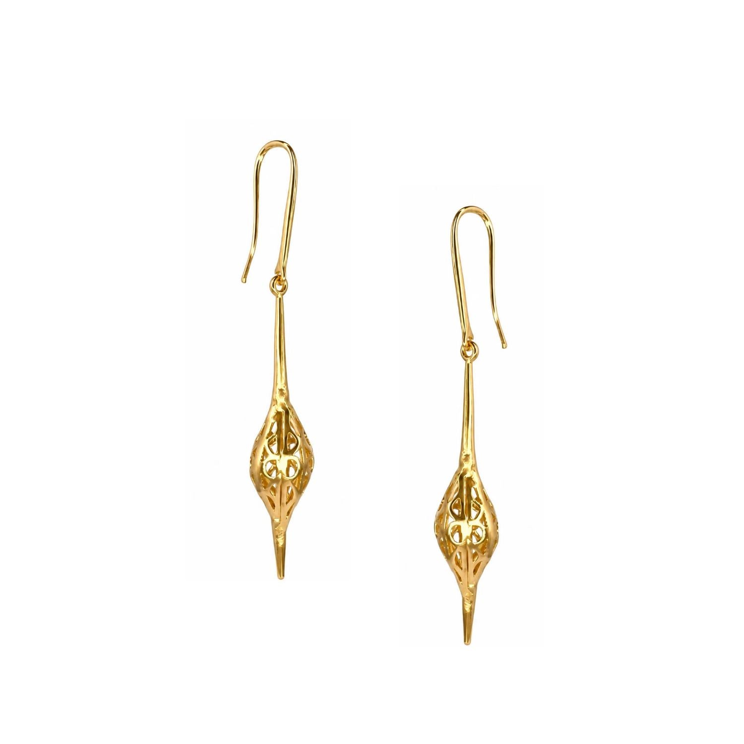 Gold Jeannie Drop Hook Earrings, pair of gold drop earrings with long pierced filigree drops, on white background.