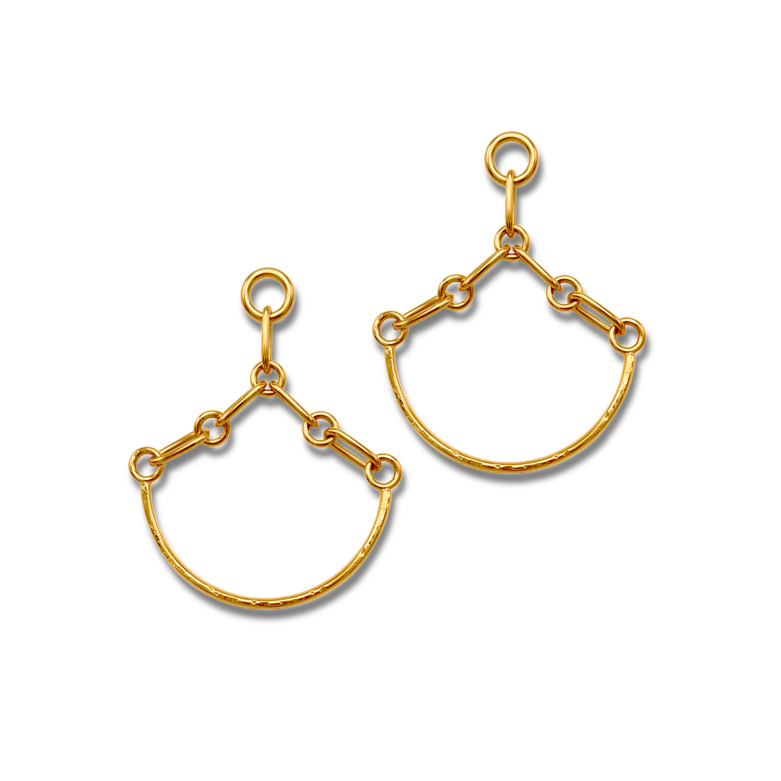 The Gold Libra Link Chandelier Post Earrings by JAREDJAMIN Jewelry Online feature 18K gold plate and three short chain links in a minimalist, open semicircle design, evoking figural scales against a white background.