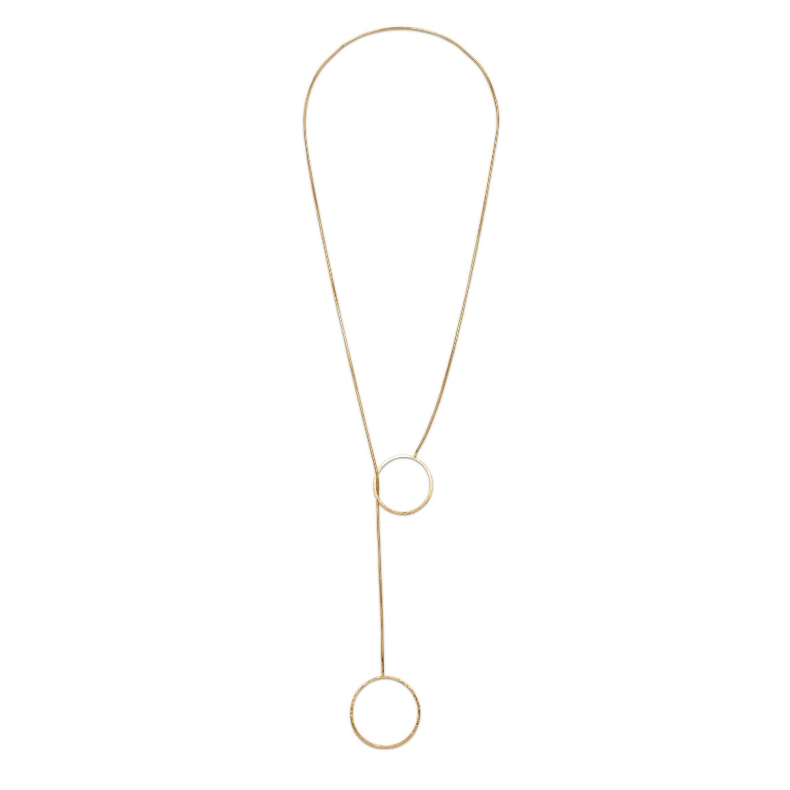 The Lindy Y-Necklace by JAREDJAMIN Jewelry Online features a minimalist 18K design with a delicate chain and two open circles, creating a modern geometric look. Tarnish resistant and shown gleaming against a plain white background.
