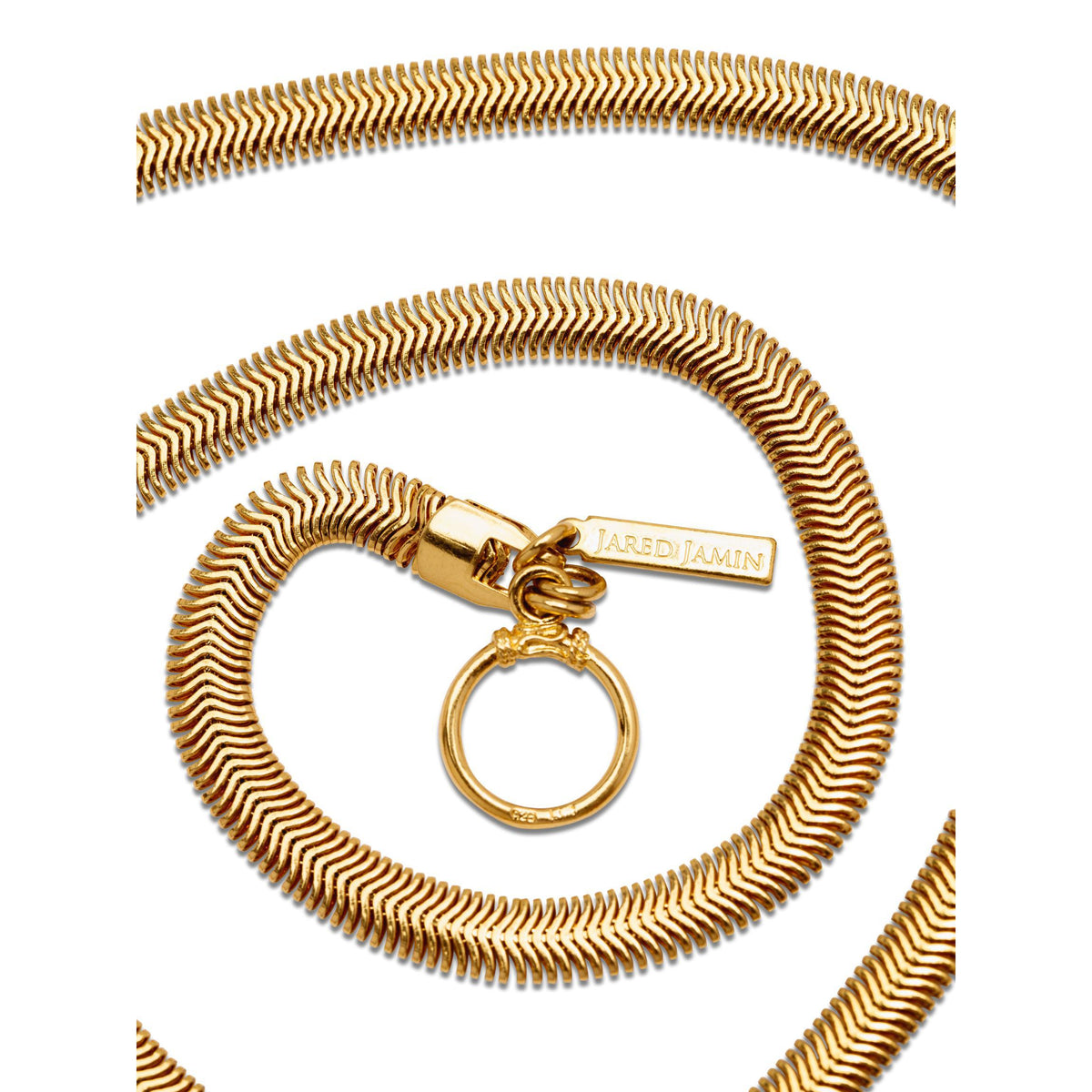 primer plano of the oro Lulu colgante cadena collar de JAREDJAMIN Joyería Online, con an 18K bañado en oro snake cadena con a round anillo y engraved rectangular tag, elegantly exhibido sobre a fondo blanco.