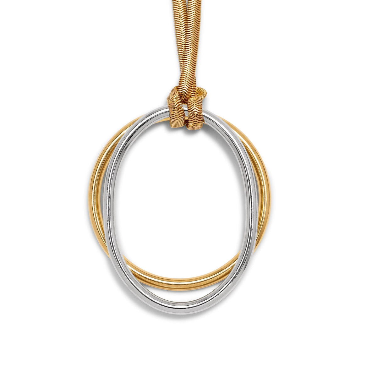 Los oro Lulu colgante cadena collar de JAREDJAMIN Joyería Online features two interlocking oval anillos—one 18K bañado en oro, one plata—on a oro cadena, creating a simple, elegante look against a plain fondo blanco.