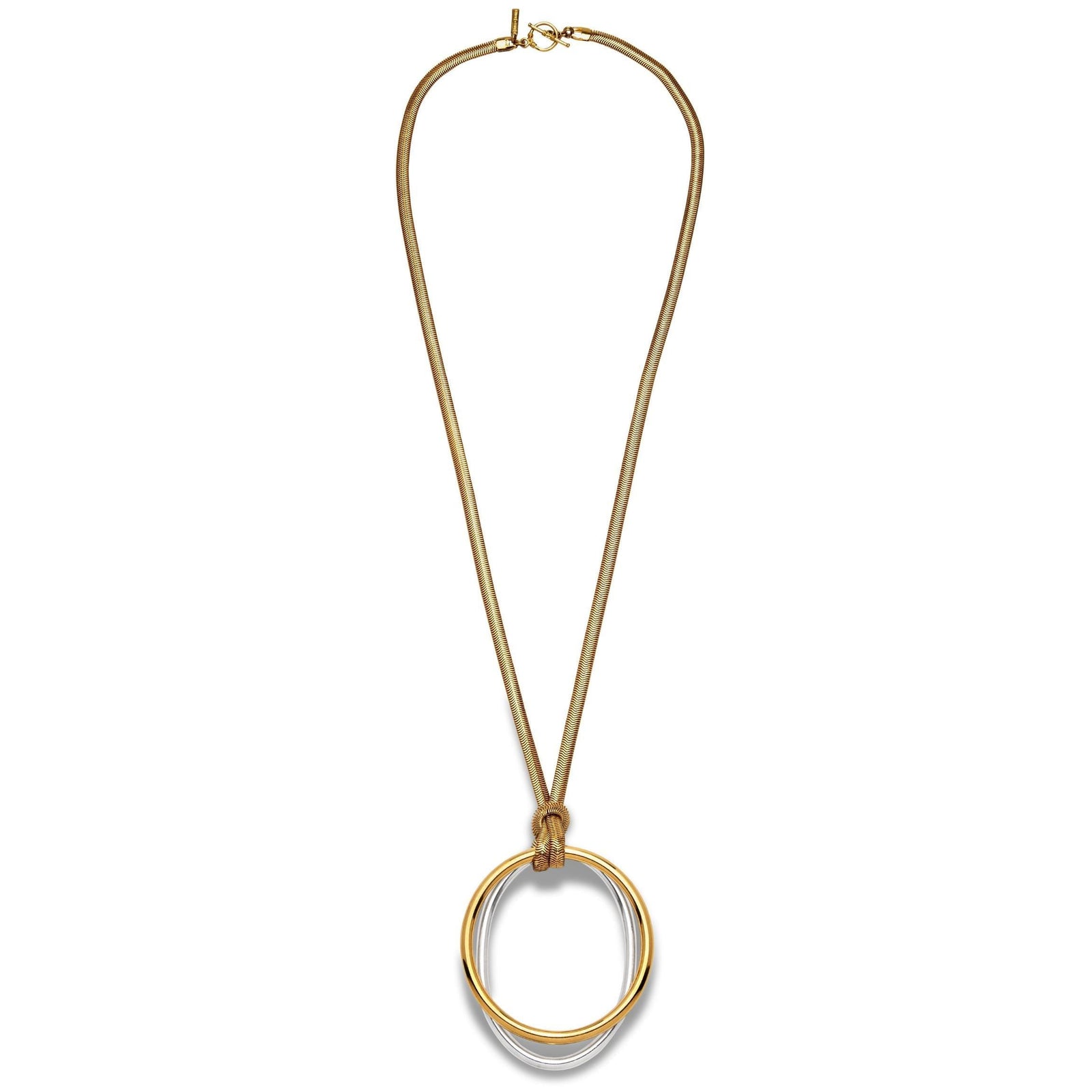 The Gold Lulu Pendant Chain Necklace by JAREDJAMIN Jewelry Online features two interlocking rings—one 18K gold plated, one silver—on a long tan cord with a gold clasp for a sleek, modern minimalist style.