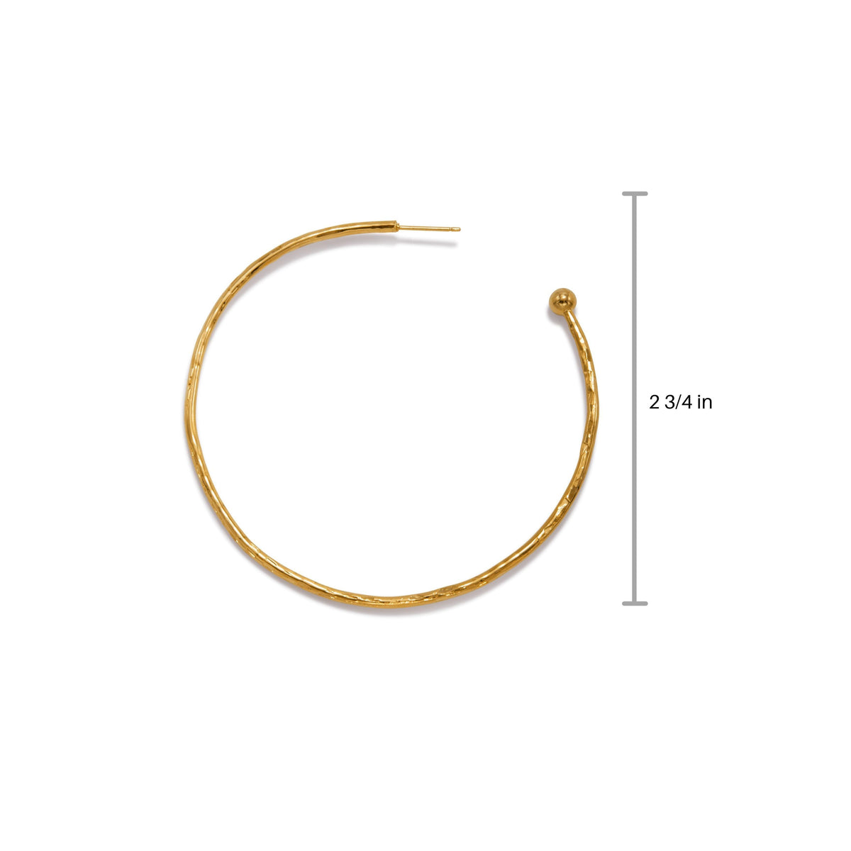 Un single or Medium Hooptastic Post boucle d'oreille par JAREDJAMIN Bijoux en Ligne, avec a texturé 18K or finish avec never-tarnish E-coating, is shown next to a vertical ruler displaying its 2¾-inch diameter sur un fond blanc.