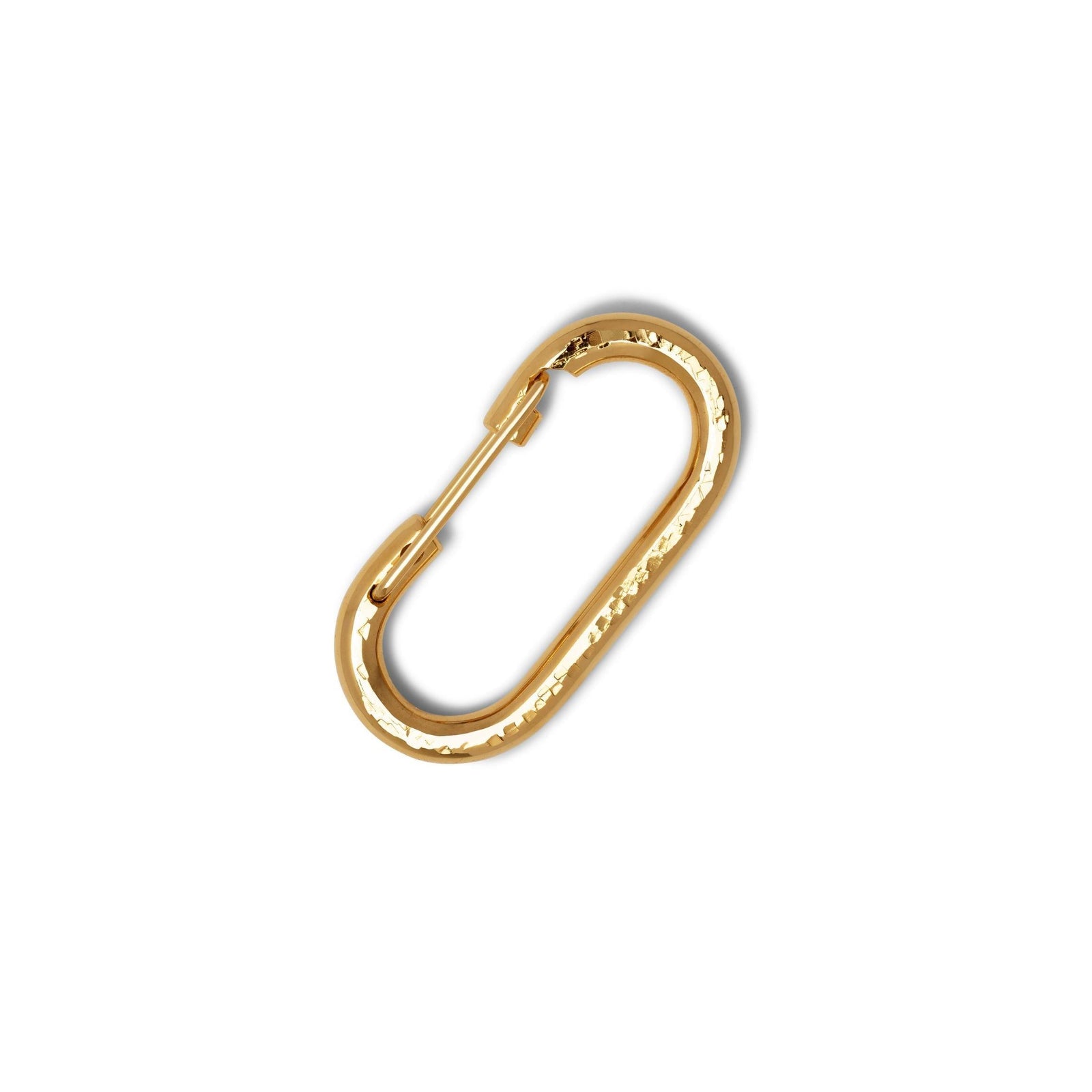 The Gold Medium Oval Carabiner Clicker Clasp by JAREDJAMIN Jewelry Online is an 18K gold-plated, oval-shaped clasp with a hammered texture and spring-loaded mechanism, ideal for chain link jewelry or keychains. Photographed on a white background.
