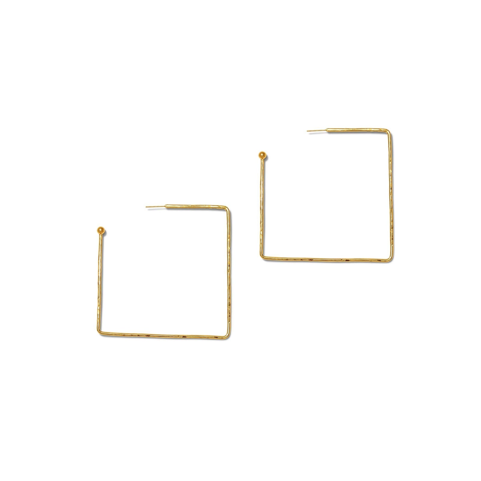 The Gold Squaretastic Hoop Post Earrings by JAREDJAMIN Jewelry Online feature a minimalist, open-ended 18K gold plated design with never-tarnish E-coating and geometric details, shown on a plain white background.