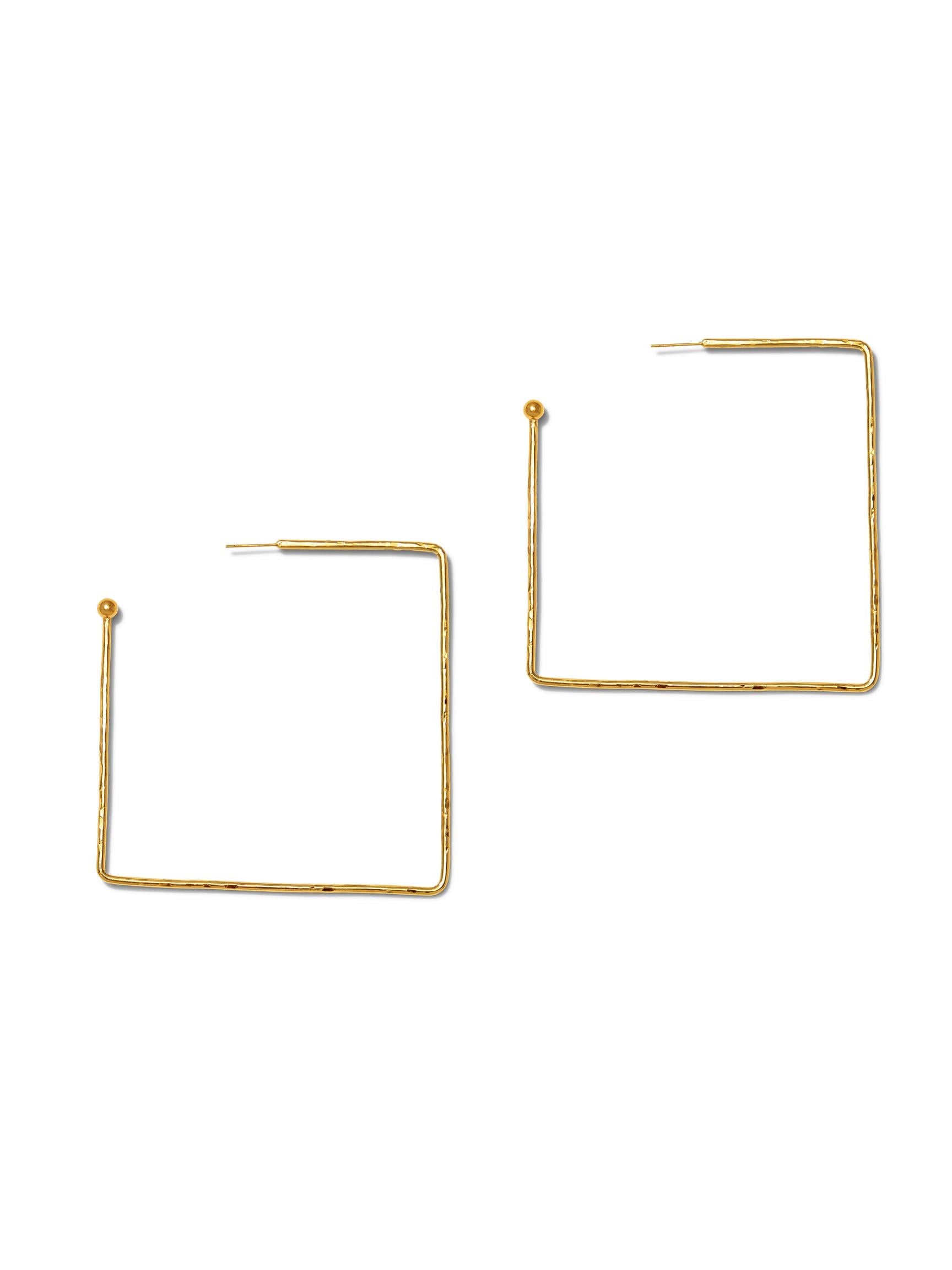 Explore the minimalistic Gold Squaretastic Hoop Post Earrings by JAREDJAMIN Jewelry Online. Crafted with an 18K gold plate and a never-tarnish E-coating, each square-shaped earring is elegantly adorned with a small round bead, showcased on a simple white background for pure sophistication.