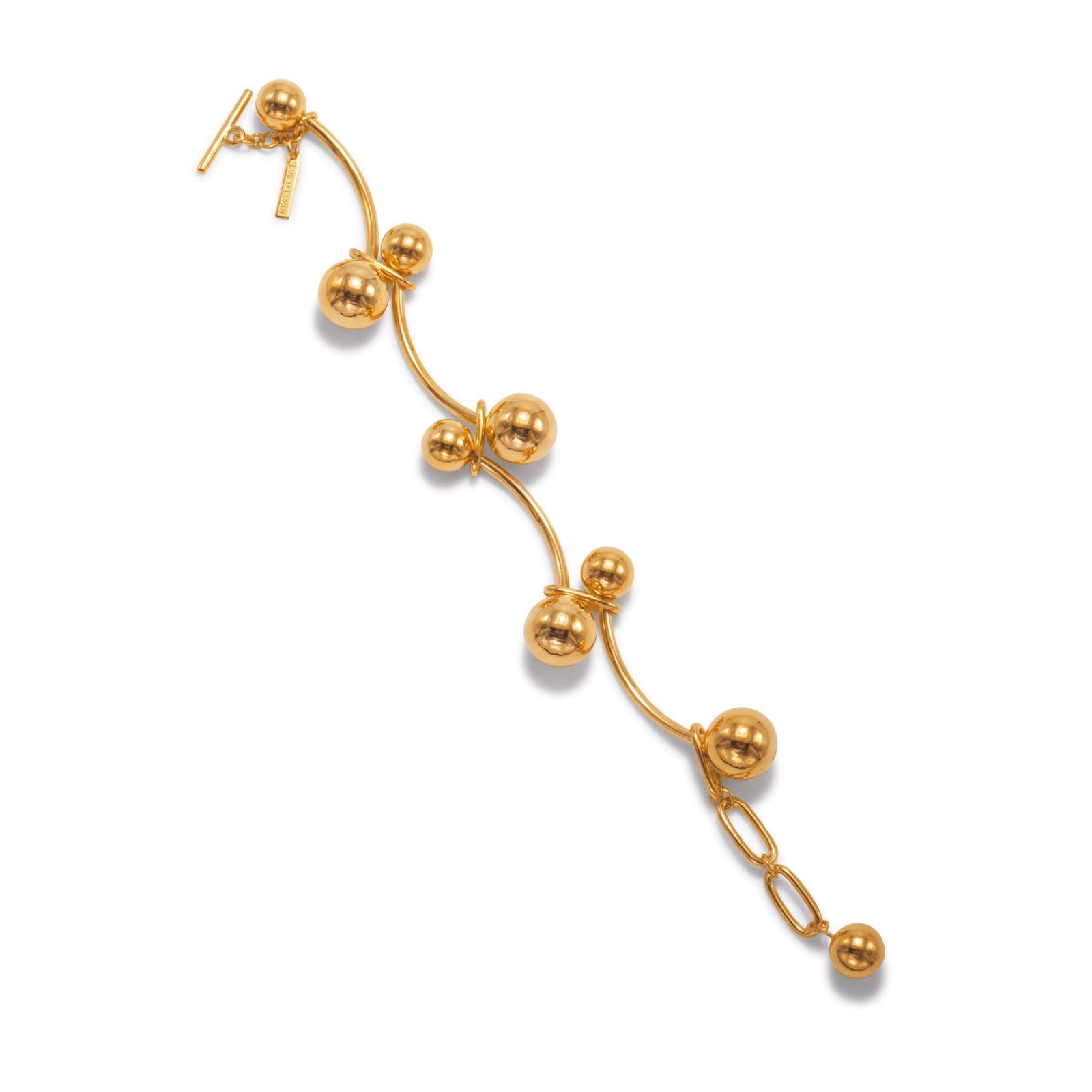 The Gold Orbita Nova Link Bracelet by JAREDJAMIN Jewelry Online features seven large round beads on an undulating chain with a chunky toggle clasp and a small tag, all in polished 18K gold plate, shown on a white background.