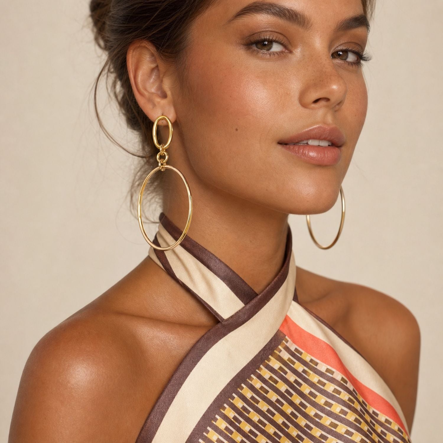 High-resolution studio product shot of the JAREDJAMIN Gold Ophelia Drop Hoop Post Earrings displayed flat on a white background, highlighting the 18k gold-plated oval post link suspending the oversized circular hoop.