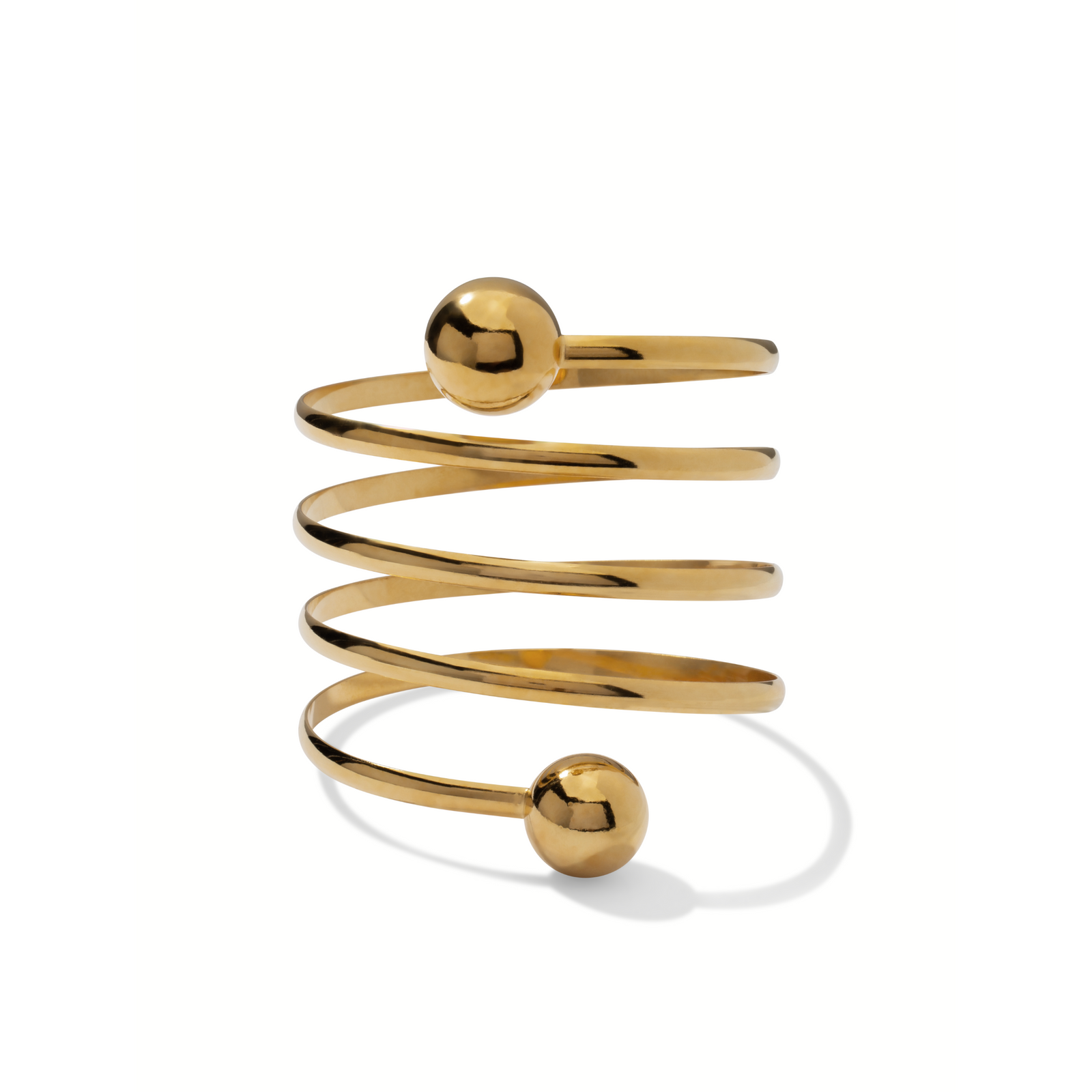 The Gold Orbita Spiral Bracelet by JAREDJAMIN Jewelry Online features a sleek 18K gold-plated open coil design with polished gold spheres at each end, showcasing a modern, minimalist style and reflective finish.