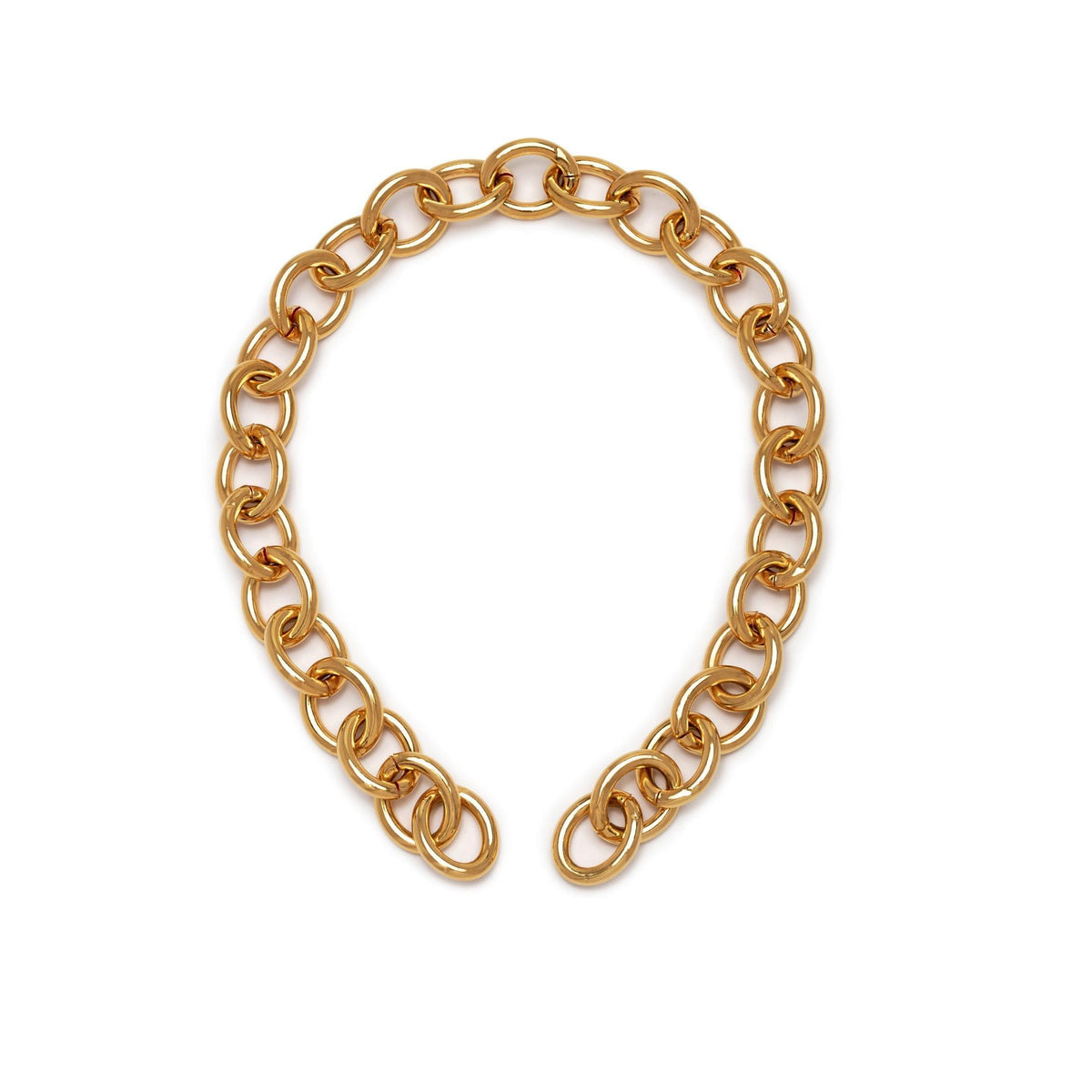 The Parker Chain Necklace by JAREDJAMIN Jewelry Online features large, round interlocking links in a semi-circle. Crafted from 18K gold plated brass, the polished chain is open at the bottom with two oversized links on each end.