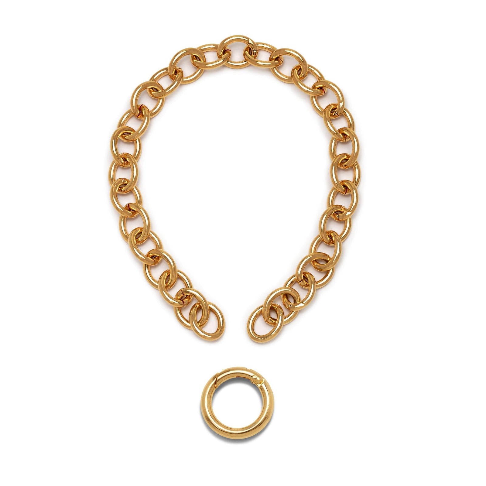 The Parker Chain Necklace by JAREDJAMIN Jewelry Online features a chunky 18K Gold Plated link chain, styled in a U-shape on a white background with a matching gold circular clasp and thick oval-shaped links.