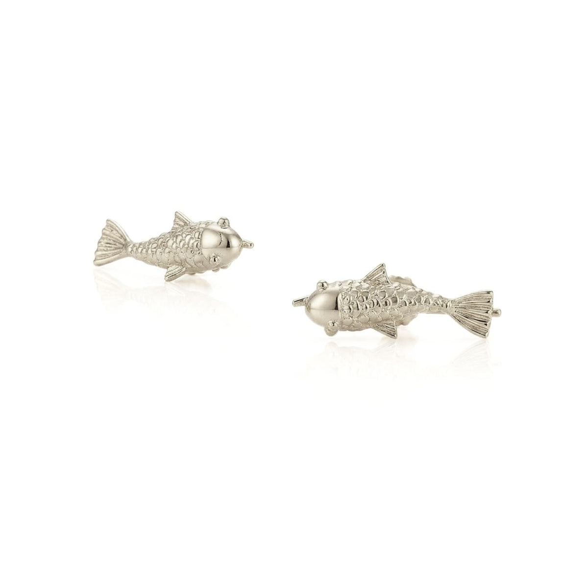 High-resolution studio product shot of the silver-plated JAREDJAMIN Playing-Koi Fish Ear Climbers, showcasing their detailed scales and bright, cool-toned metallic luster against a white background.