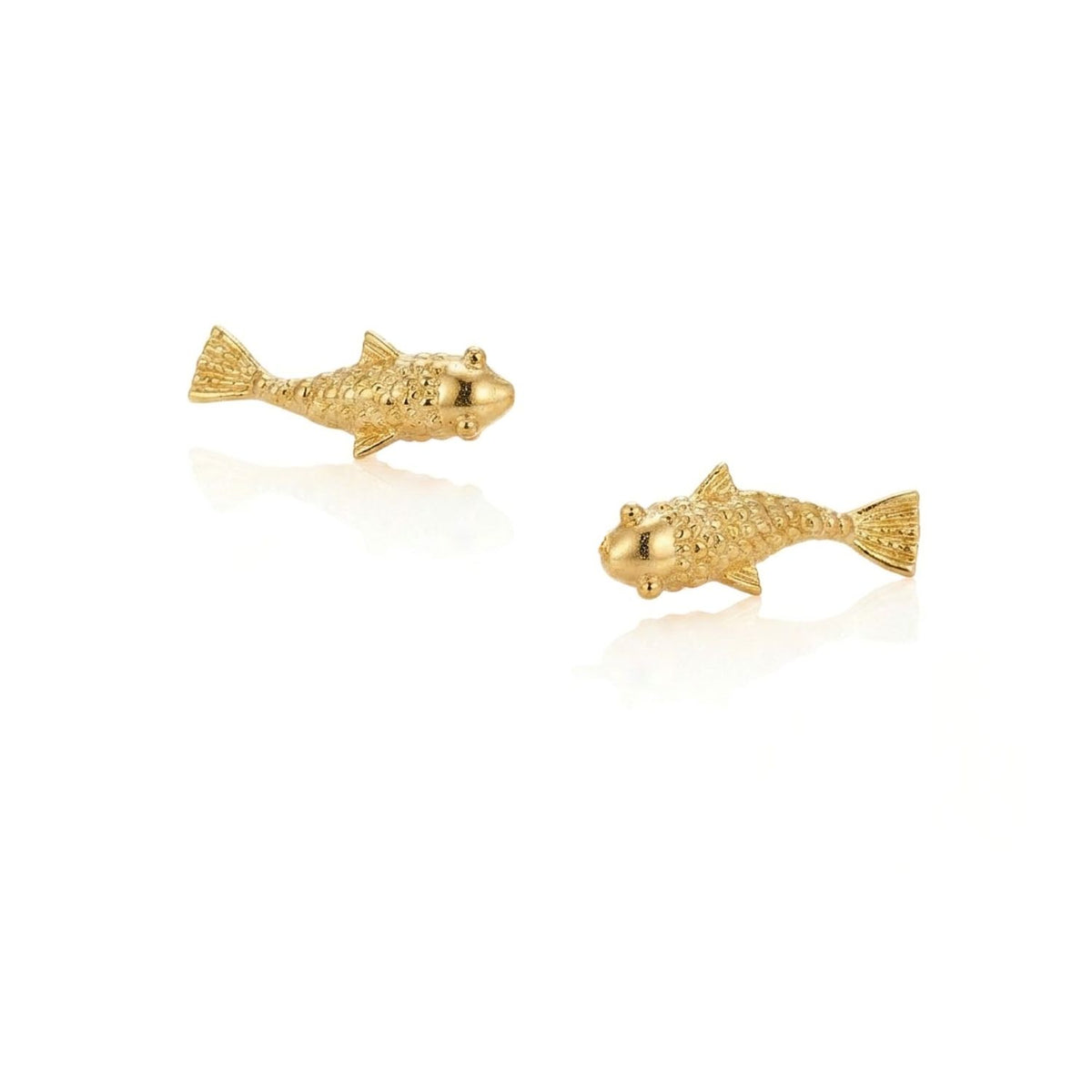 High-resolution studio product shot of the gold-plated JAREDJAMIN Playing-Koi Fish Ear Climbers against a white background, highlighting their sculpted scale texture and high-polish 18k gold finish.
