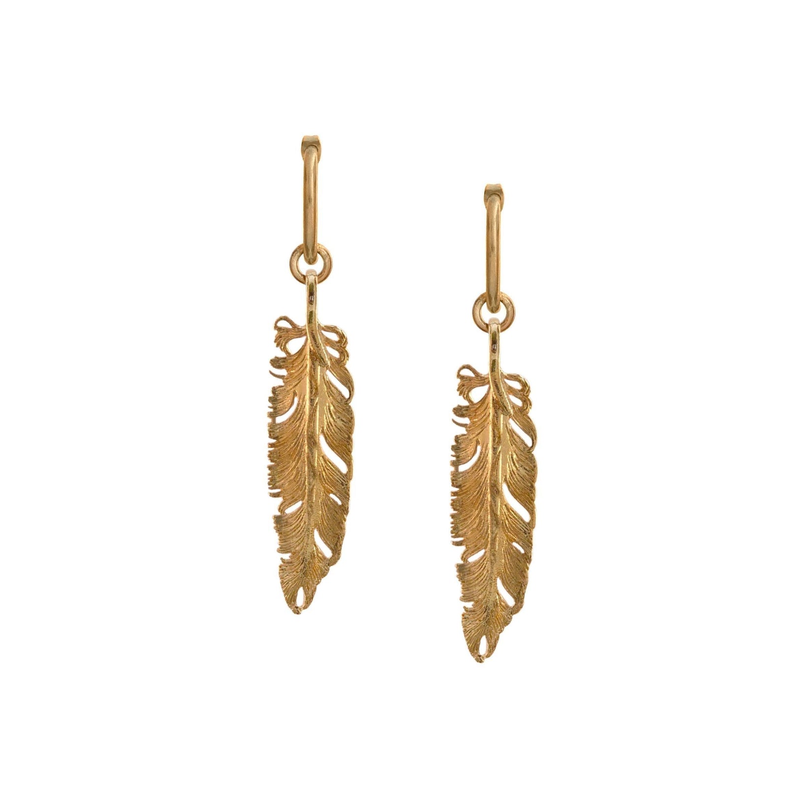 The Gold Plume Dangle Post Earrings by JAREDJAMIN Jewelry Online feature intricately detailed golden feather charms with fine lines and textured, organic edges, suspended from small gold hoops—perfect as timeless legacy jewelry.