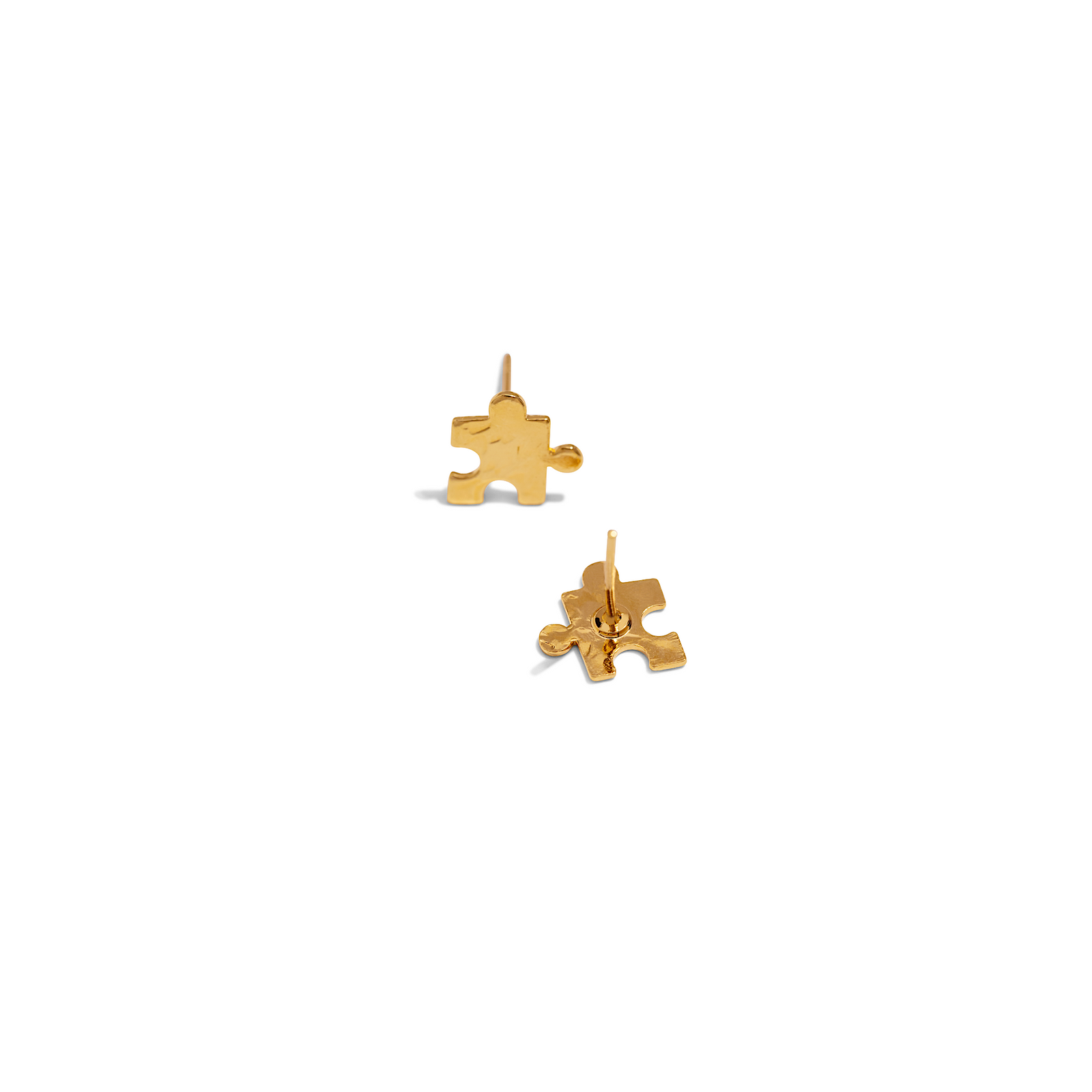Two Puzzle Piece Textured Stud Post Earrings by JAREDJAMIN Jewelry Online are shown on a white background—one upright to display the front, the other flat to reveal the post and back of this elegant design.