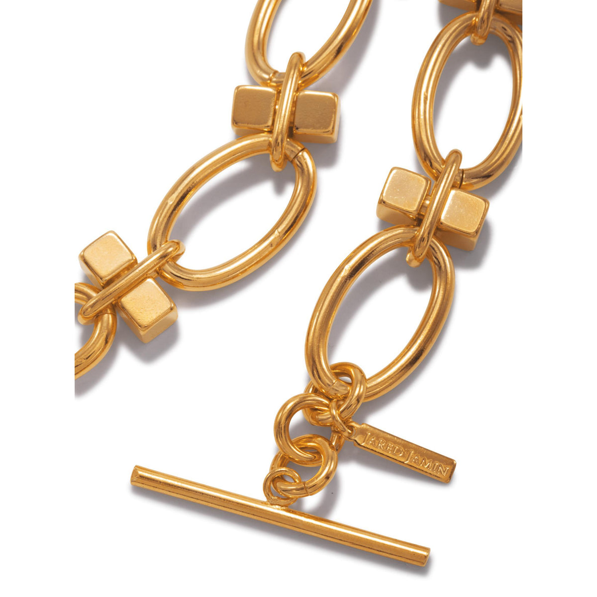 primer plano of the oro Reign Collier collar de JAREDJAMIN Joyería Online, con chunky bañado en oro oval y square links, a stylish T-bar clasp, y a pulido finish—perfect for audaz accessorizing.