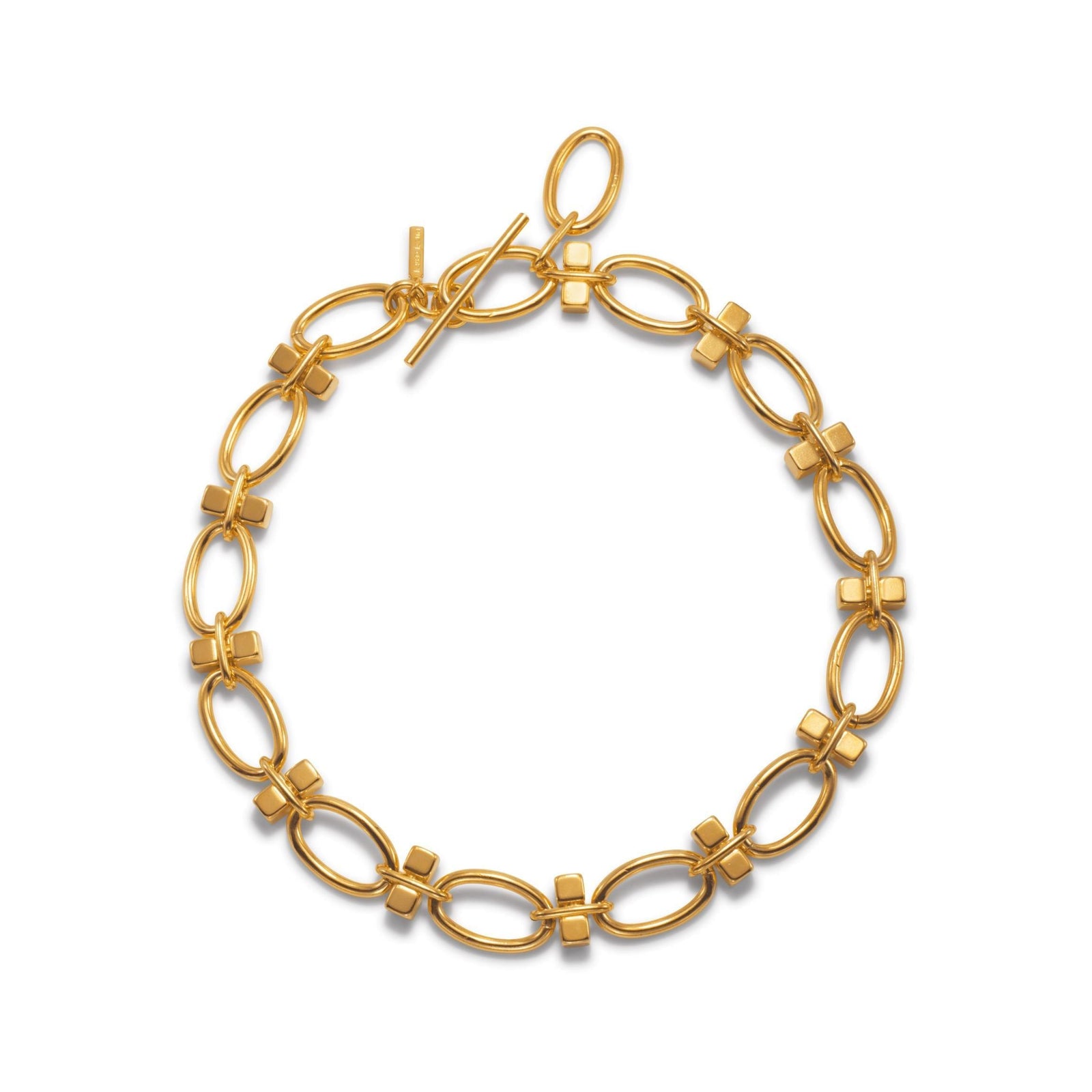 The Gold Reign Collier Necklace by JAREDJAMIN Jewelry Online features polished gold oval links joined by small, cross-shaped connectors in an elegant alternating pattern—perfect for pairing with your favorite link chain jewelry.