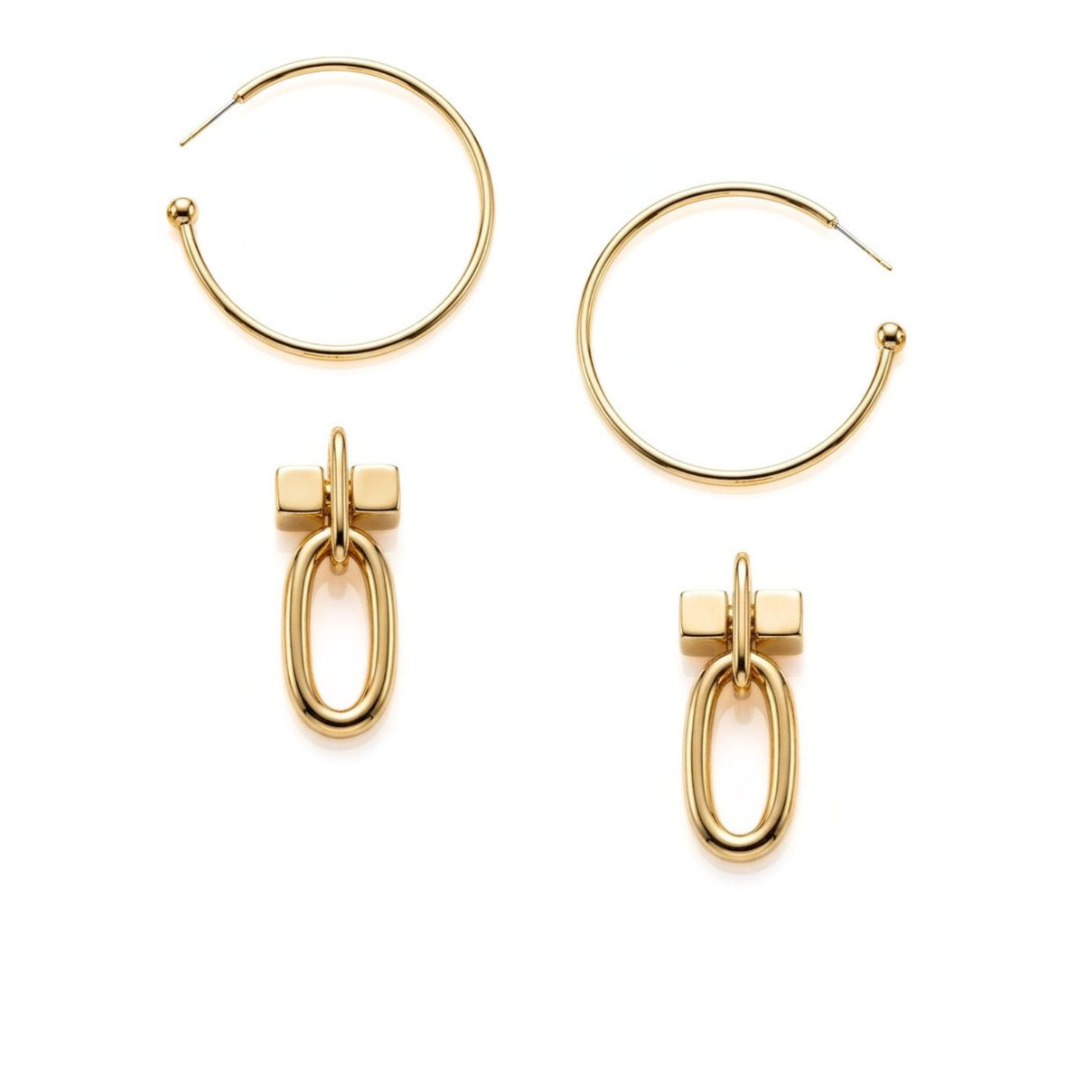 Arranged layout of the Gold Reign Hoop set dismantled on a white surface, clearly showing the two smooth 2-inch gold hoops separated from the two detachable geometric T-bar drops.