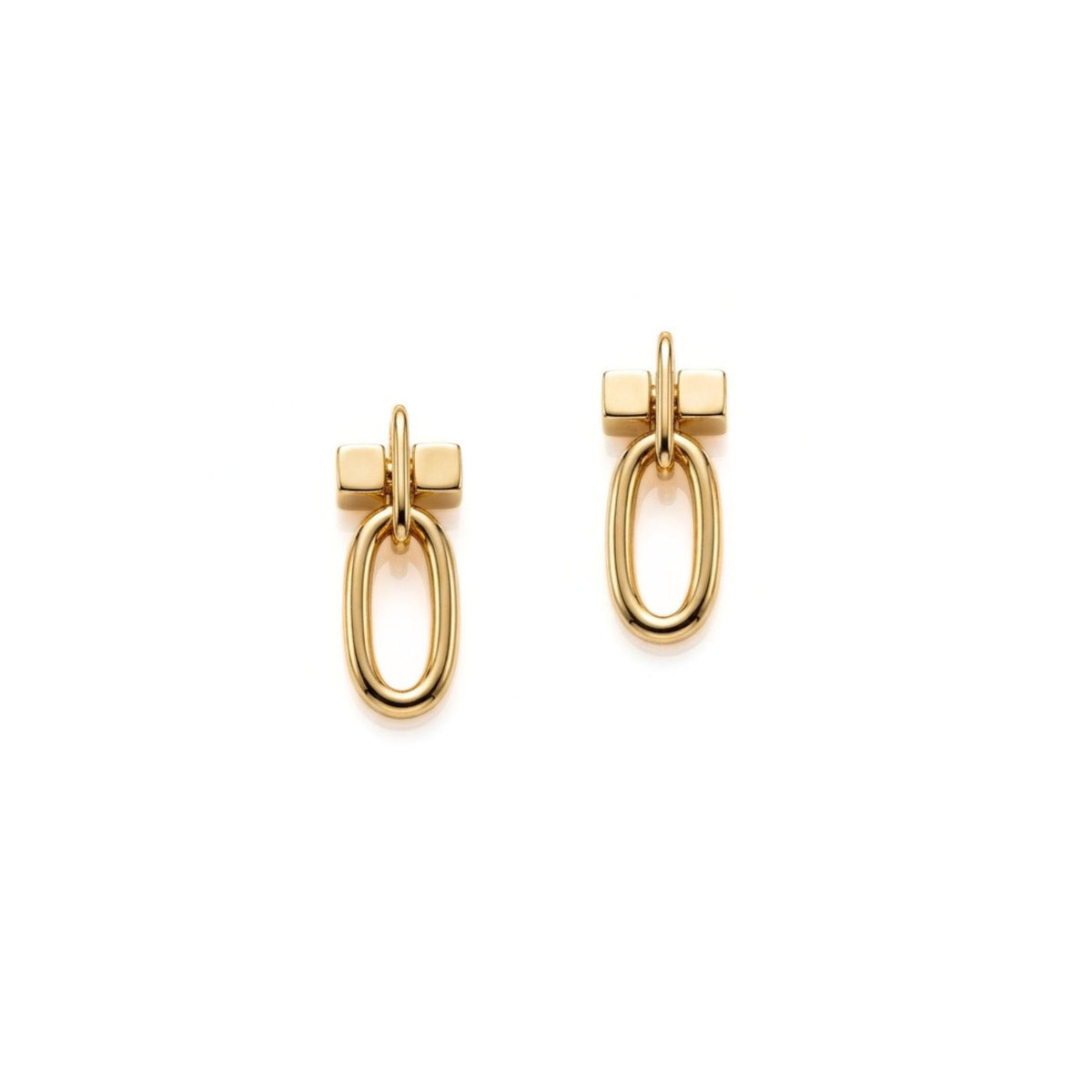 Direct, isolated view of the two separated Gold Reign Earring Charms standing alone, detailing the interlocking 18k gold-plated T-bar hardware and elongated oval loops.