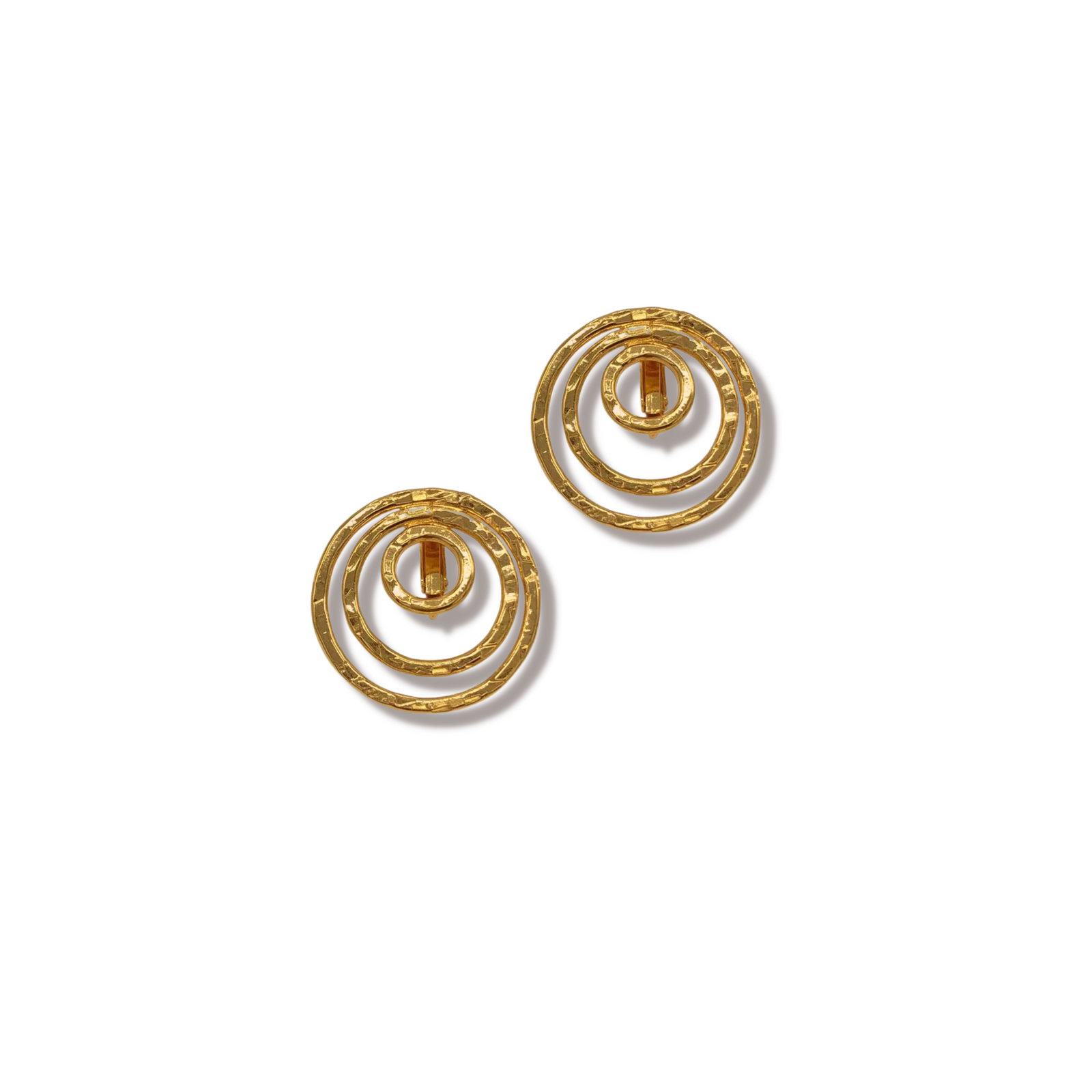 JAREDJAMIN Jewelry Online's Gold Ripple Textured Simple Clip On Earrings feature three concentric circles and a central rectangular gold element, all in shiny 18K gold plating, shown against a white background.