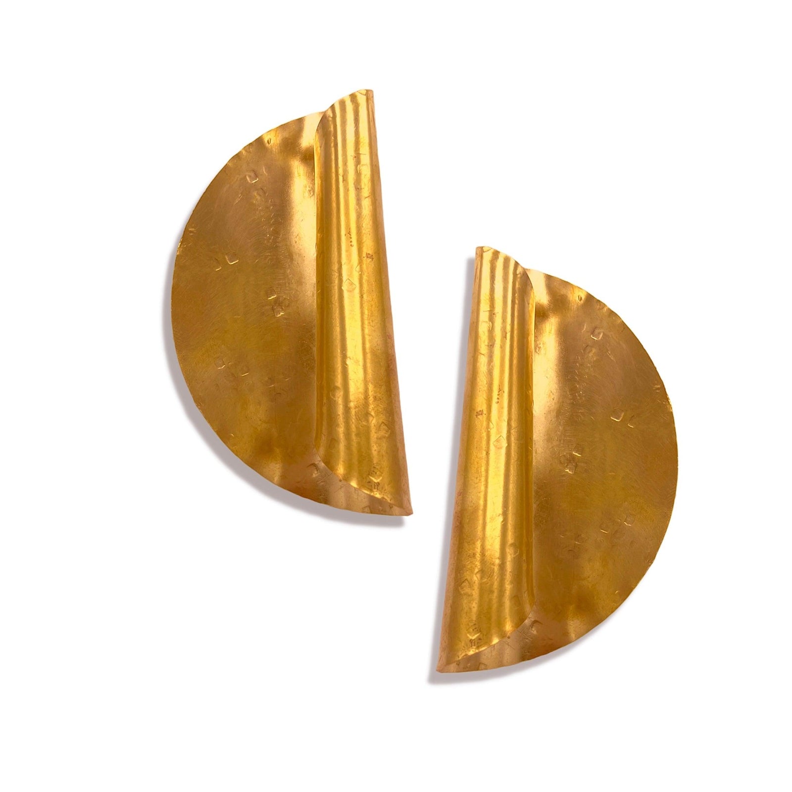 The Scroll Earrings by JAREDJAMIN Jewelry Online feature two shiny, semi-circular 18K gold-plated pieces with a subtle hieroglyphic pattern, curled inward for a three-dimensional look, displayed on a white background.