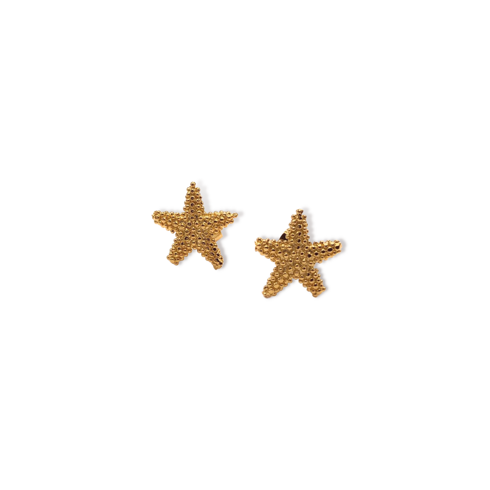 JAREDJAMIN Jewelry Online's Gold Sea Star Stud Post Earrings feature a shiny, textured beaded surface and five-pointed 18K gold-plated starfish design, beautifully displayed on a plain white background.