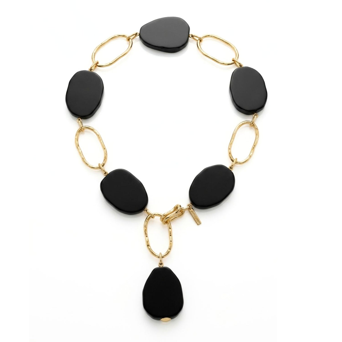 Studio product shot of the JAREDJAMIN Gold Shackle Onyx Necklace displayed flat in a Y-drop configuration against a white background, highlighting the 18k gold-plated hand-textured shackle links, hook clasp, and organic black onyx slabs.