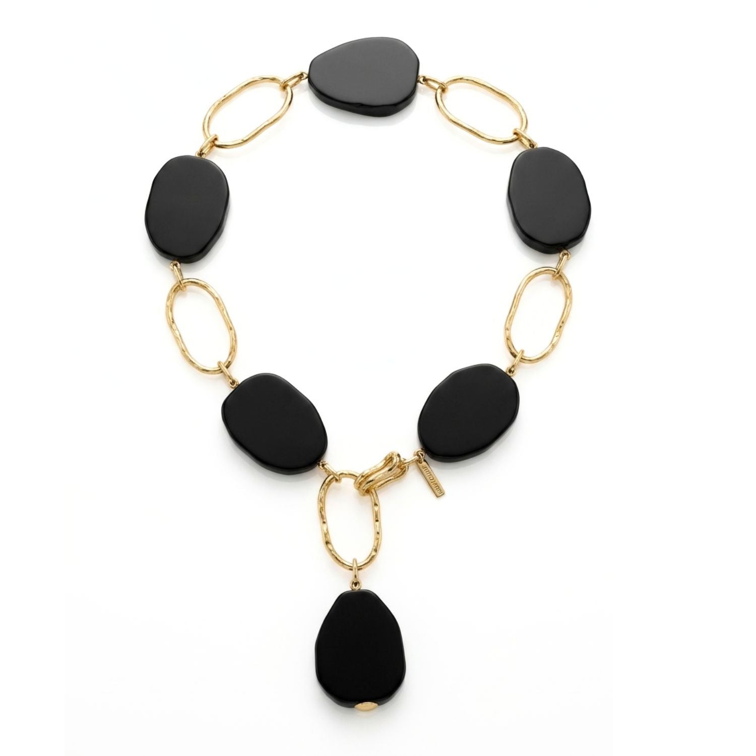 Studio product shot of the JAREDJAMIN Gold Shackle Onyx Necklace displayed flat in a Y-drop configuration against a white background, highlighting the 18k gold-plated hand-textured shackle links, hook clasp, and organic black onyx slabs.