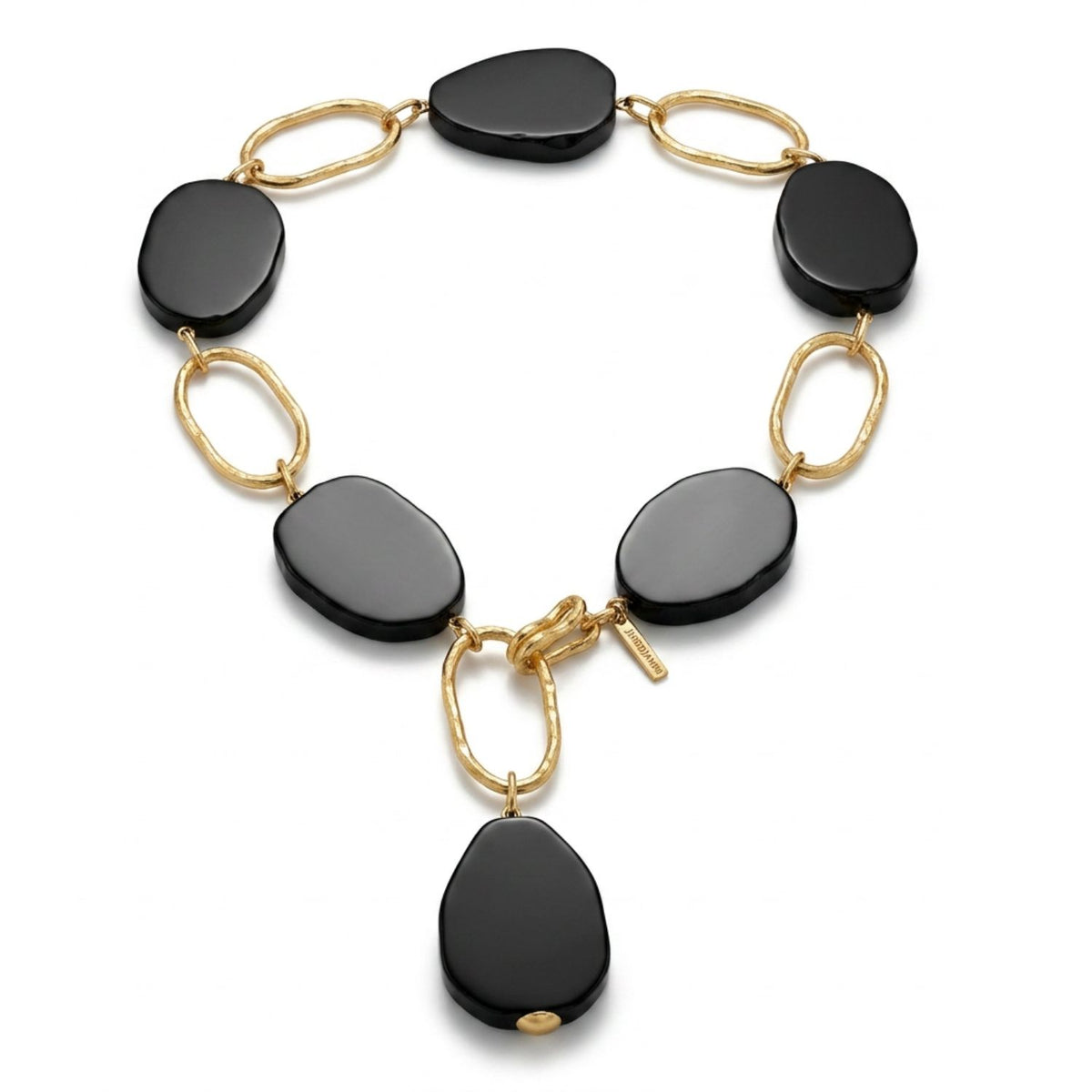 High-resolution studio layflat shot of the Gold Shackle Onyx Necklace arranged in a Y-necklace layout with the hook clasp fastened at the front.