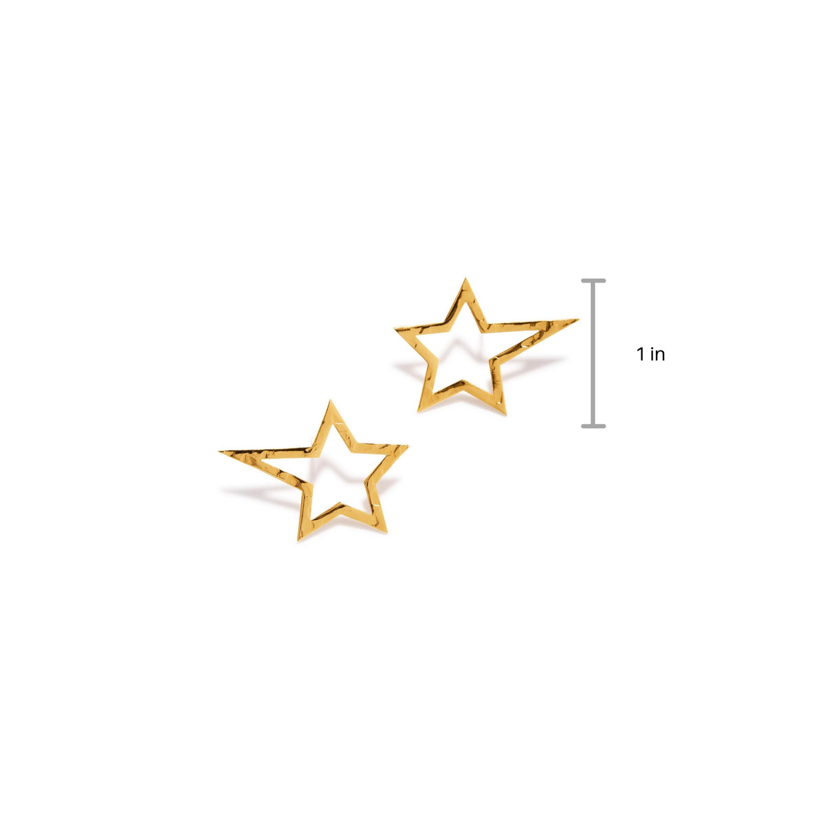Les or Shooting Star Dust puce Post boucles d'oreilles Sm par JAREDJAMIN Bijoux en Ligne are montré sur a fond blanc, avec a double-arrow line indicating their 1-inch height. These five-pointed stars présentent a poli 18K or plated finish.