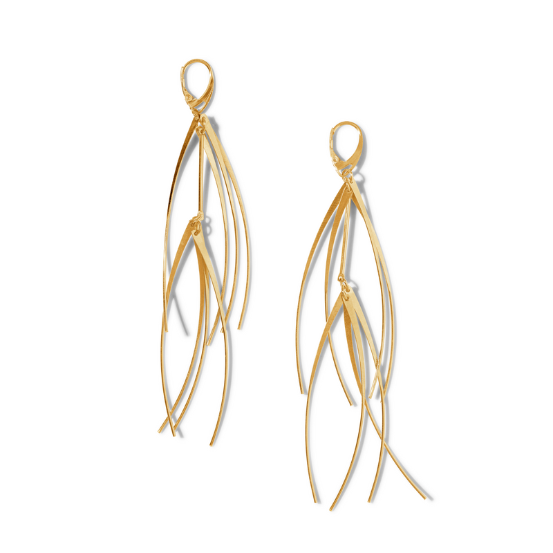 Gold Short Tinsel Earrings by JAREDJAMIN Jewelry Online: 18K gold plated dangle earrings featuring multiple thin, curved strands hanging from a small loop for an elegant, spark-inspired design. Shiny finish with soft shadows on a white background.
