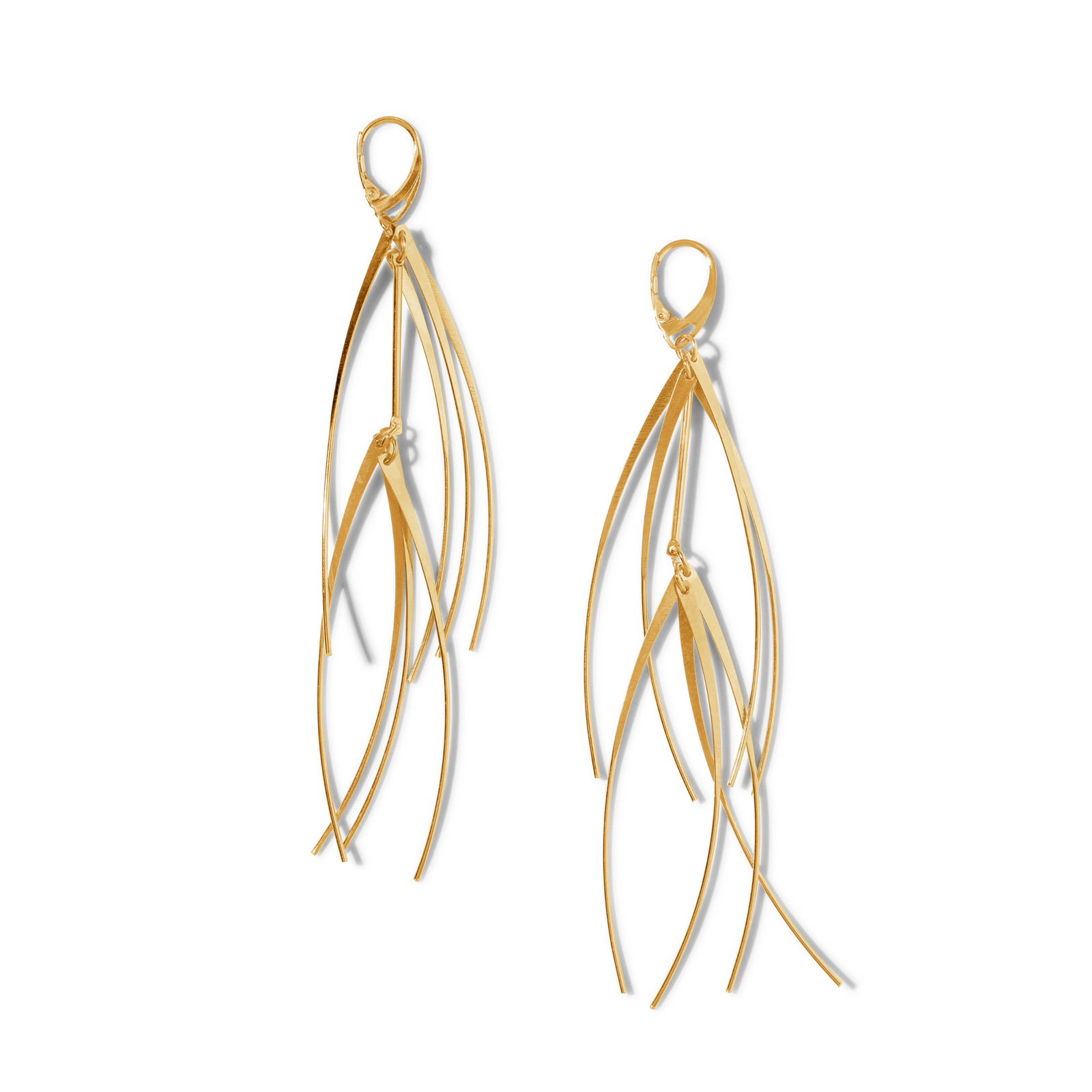 Gold Short Tinsel Earrings by JAREDJAMIN Jewelry Online: 18K gold plated dangle earrings featuring multiple thin, curved strands hanging from a small loop for an elegant, spark-inspired design. Shiny finish with soft shadows on a white background.